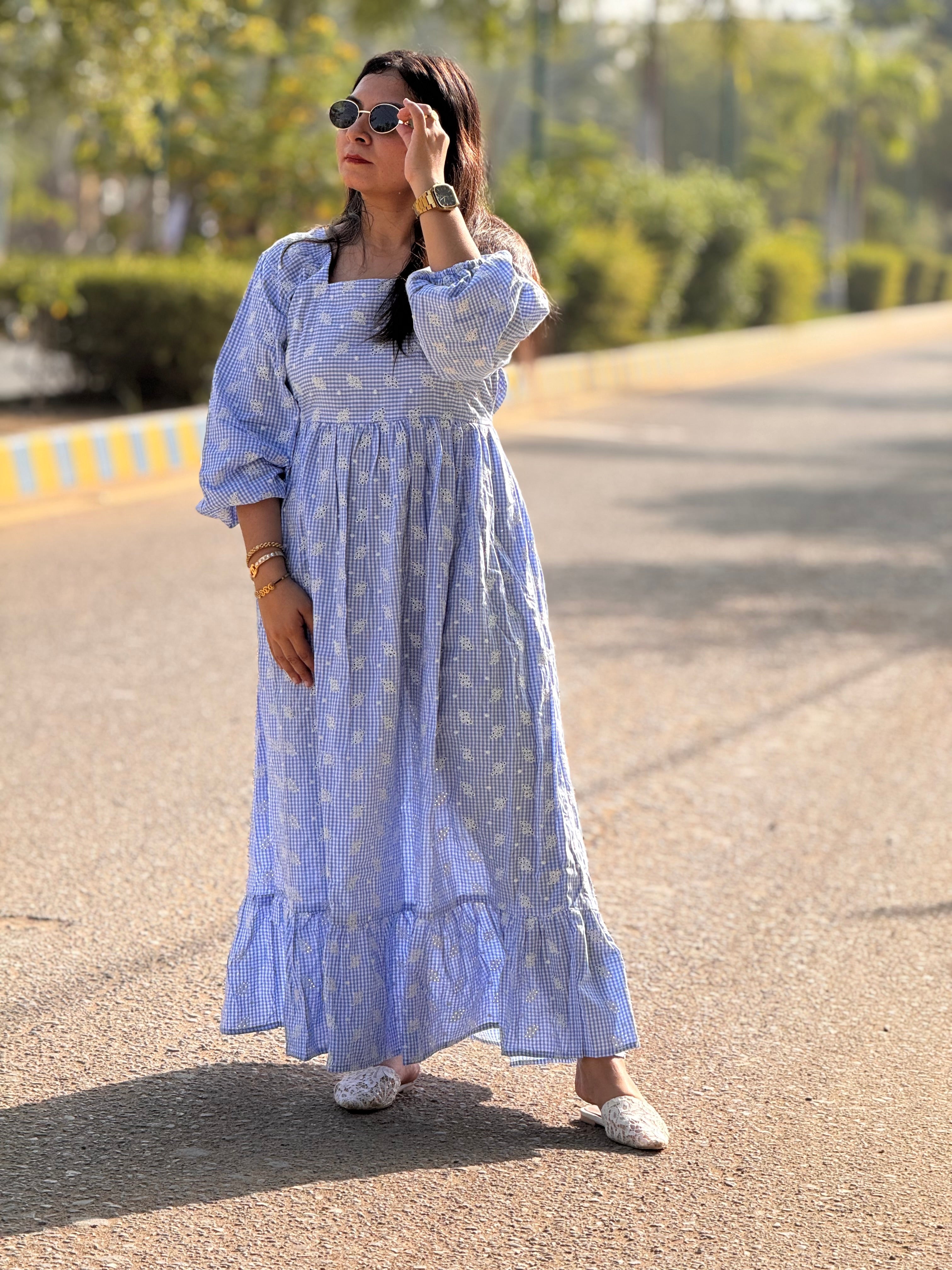 Sky embroidered gingham dress