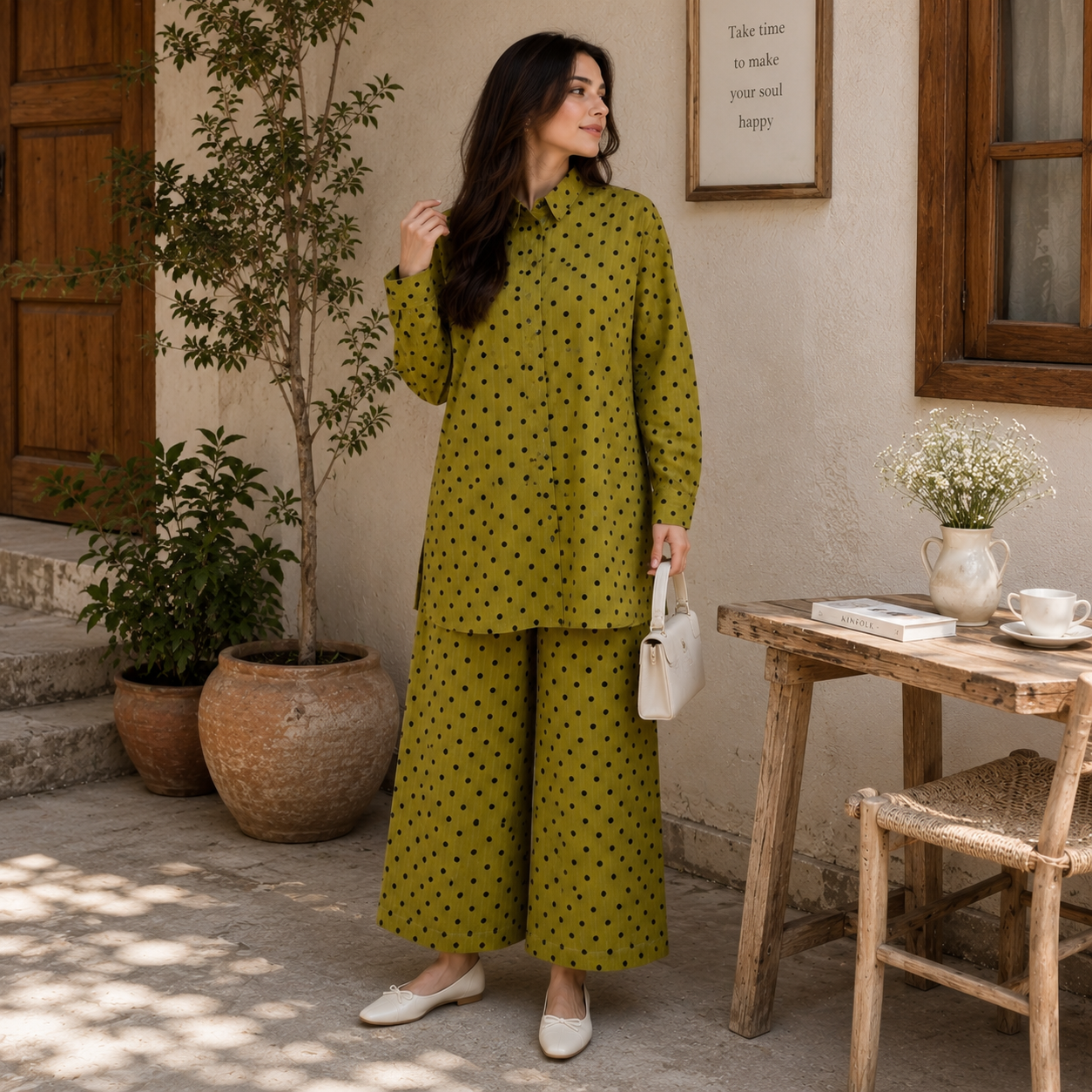 Olive polka texture fit