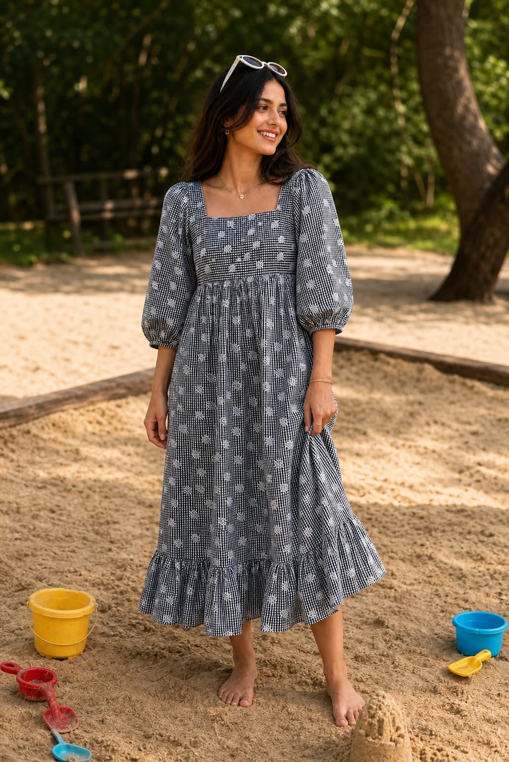 Black embroidered gingham dress