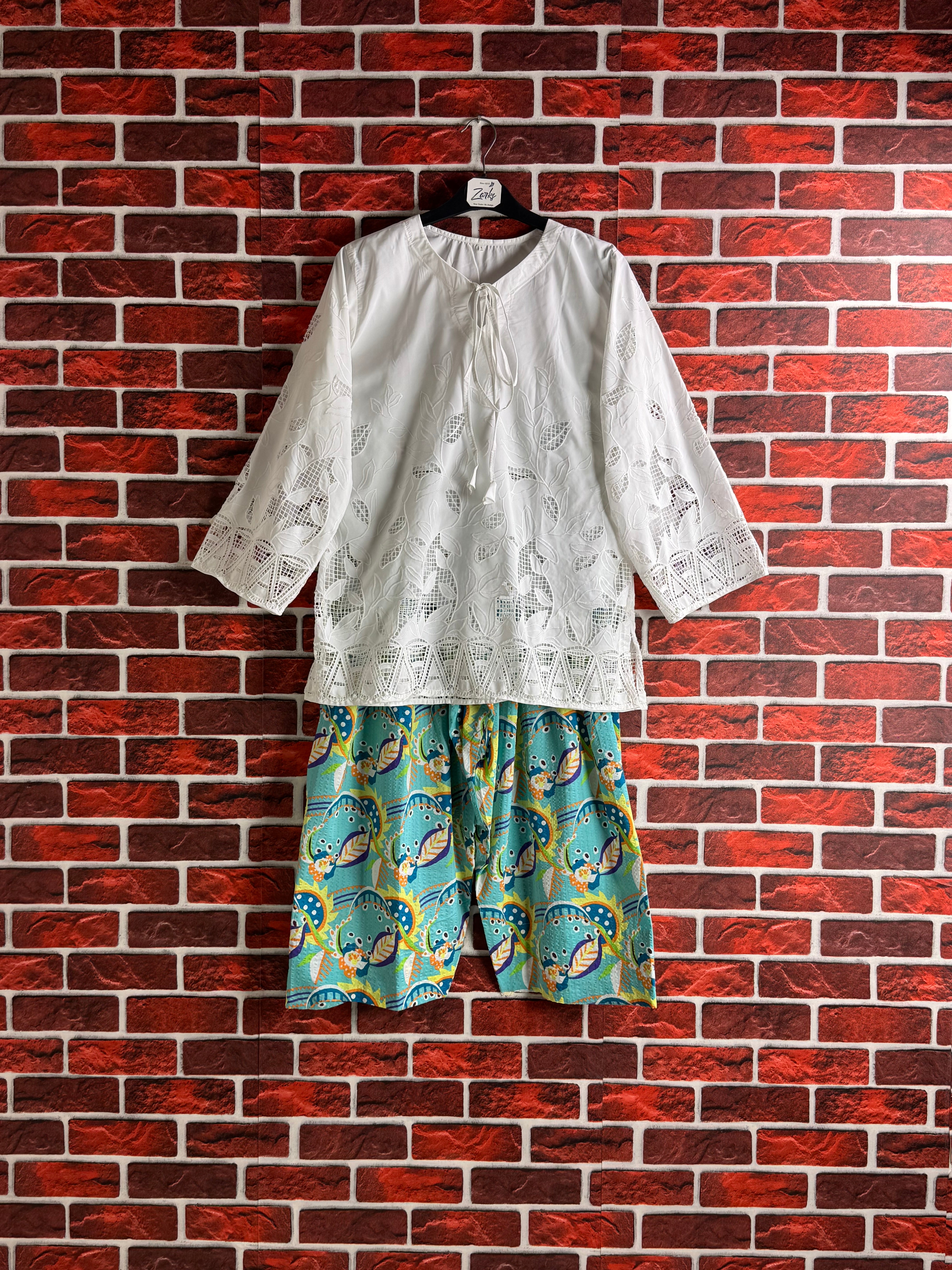 White cutwork tulip Coord set