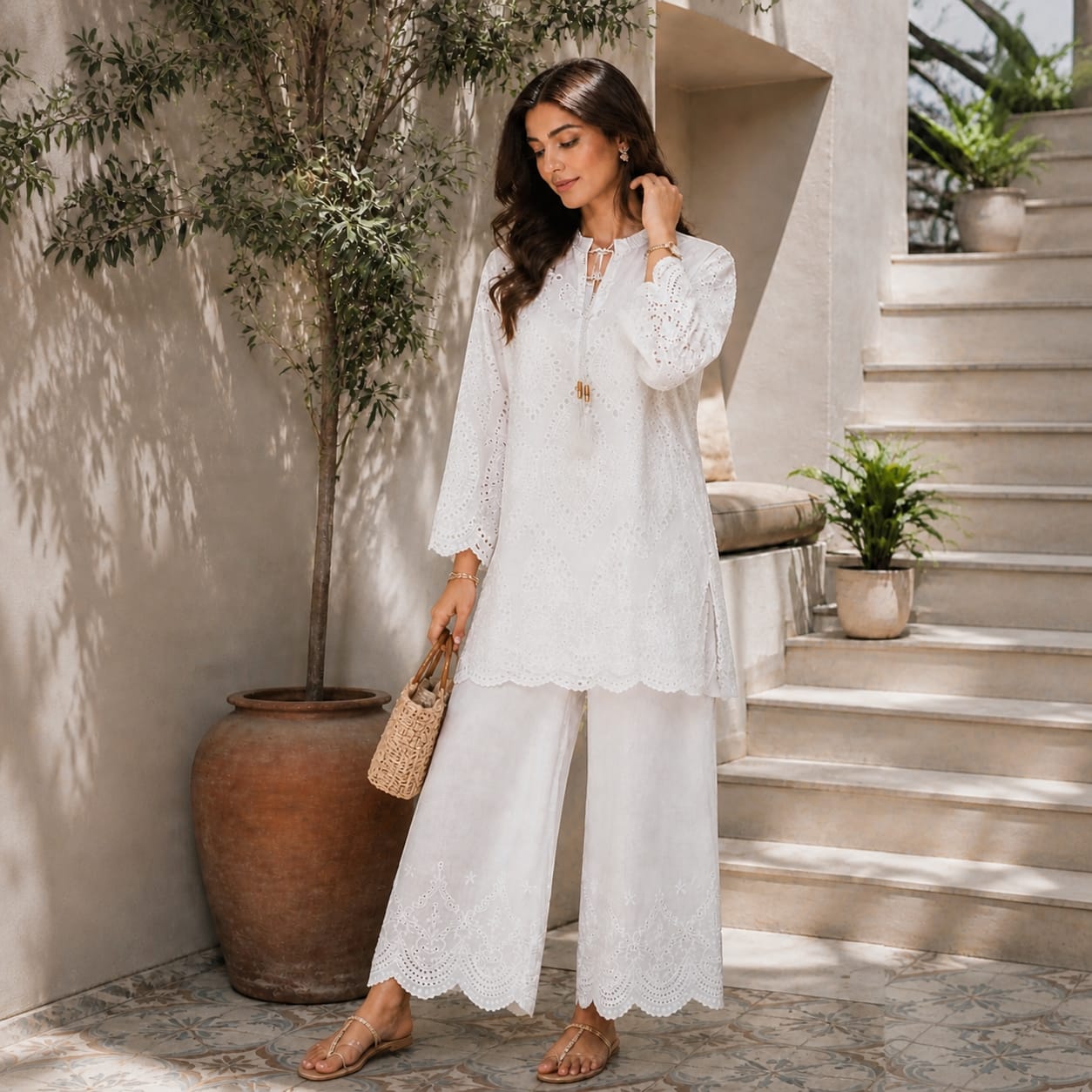 White chickenkari cutwork set