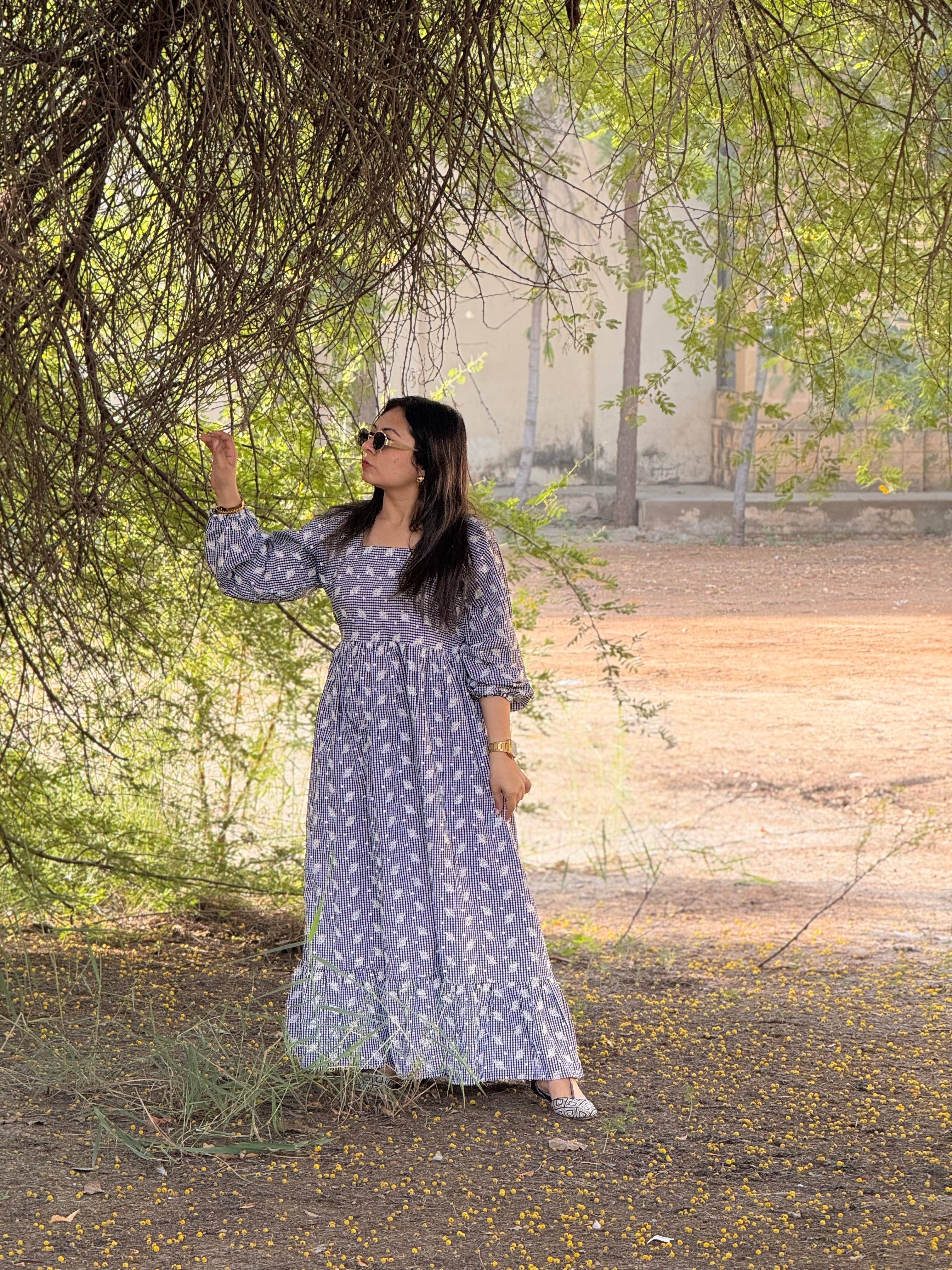 Black embroidered gingham dress