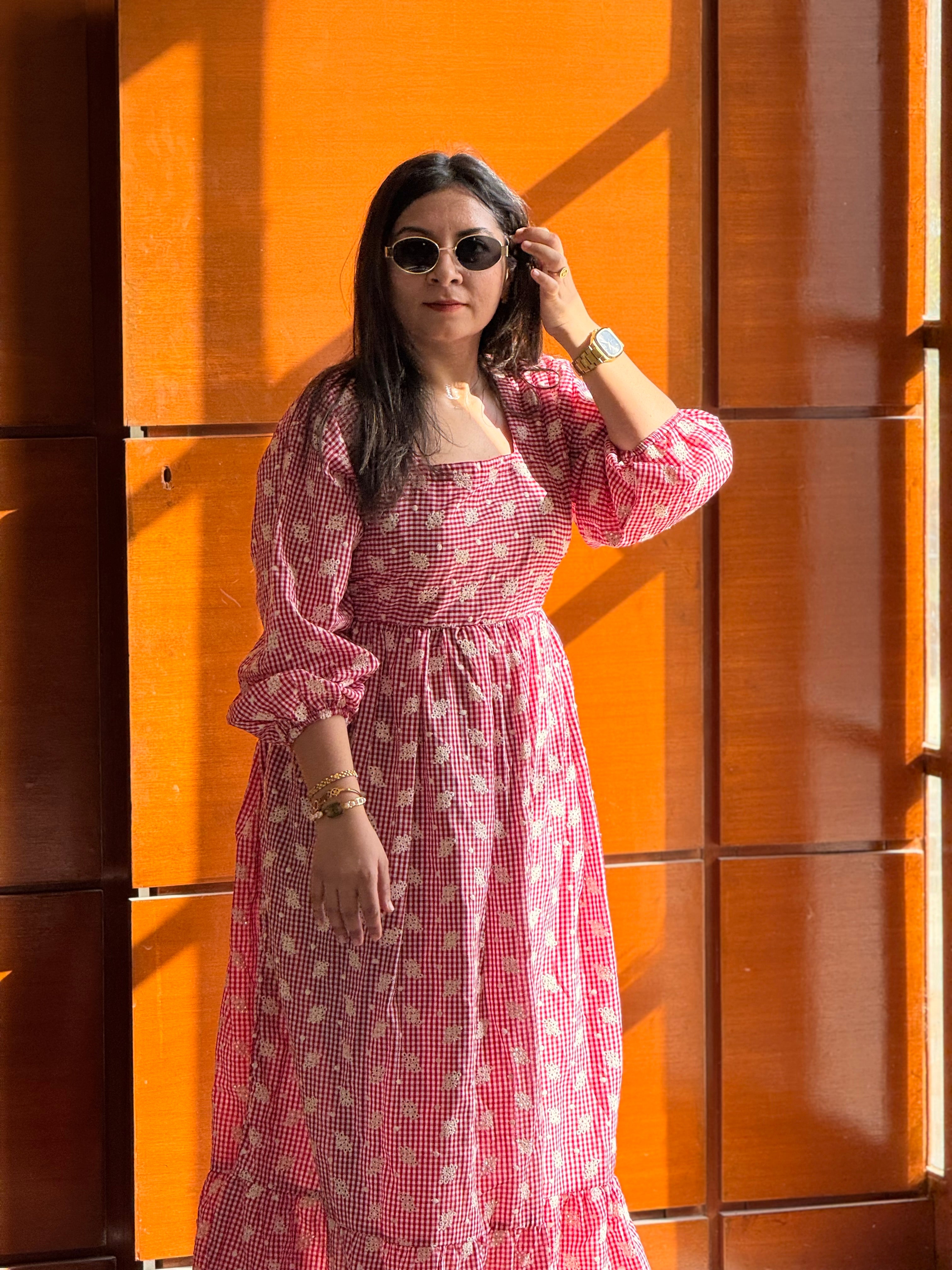 Red embroidered gingham dress
