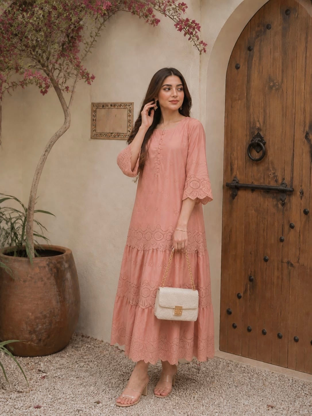 Peach chickenkari frock
