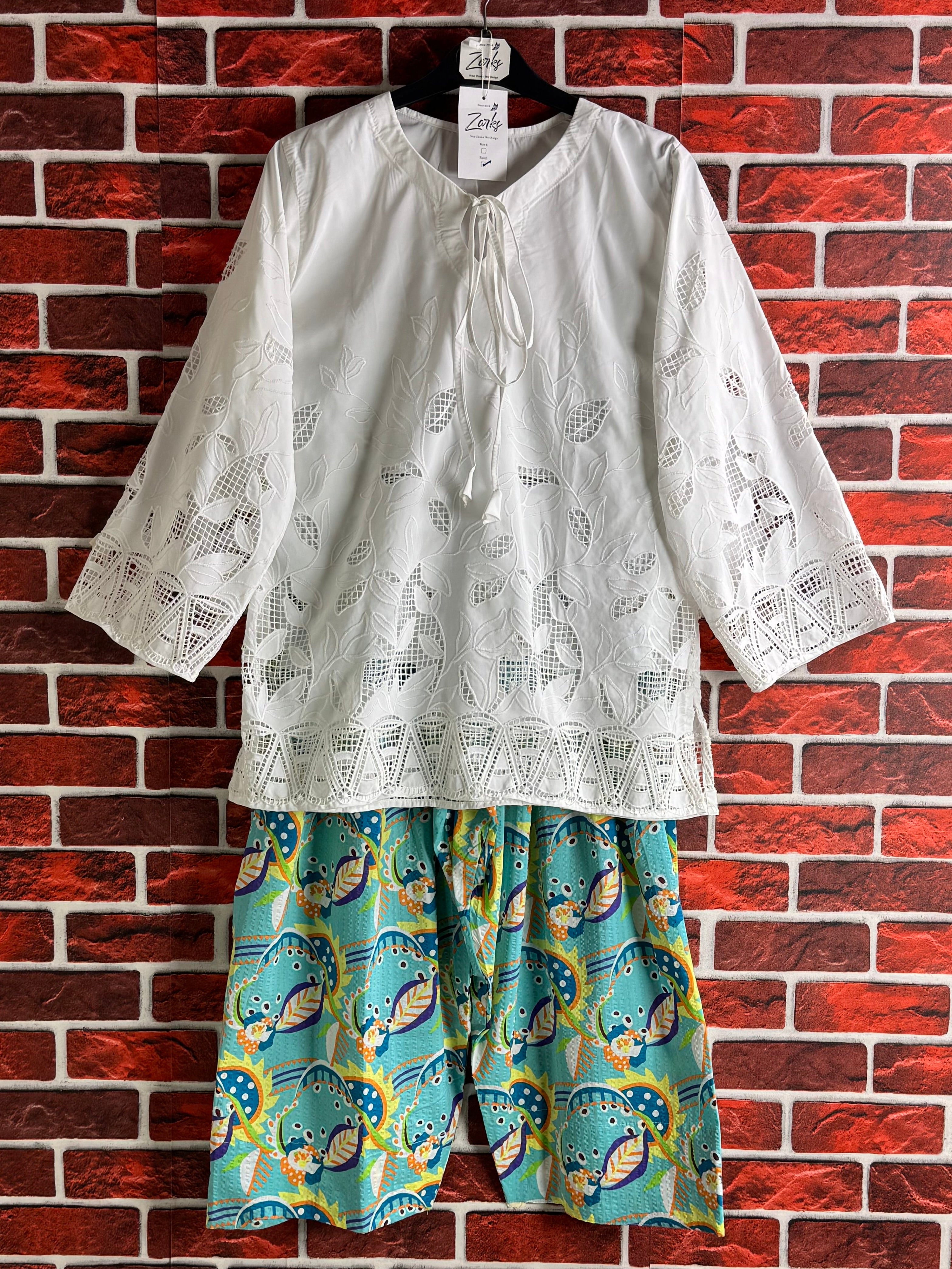 White cutwork tulip Coord set