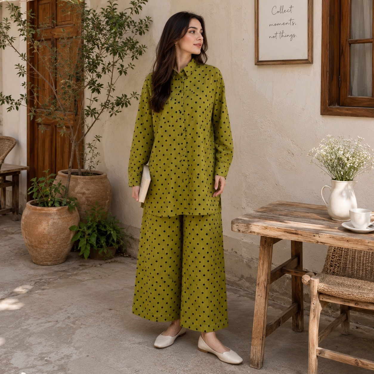 Olive polka texture fit