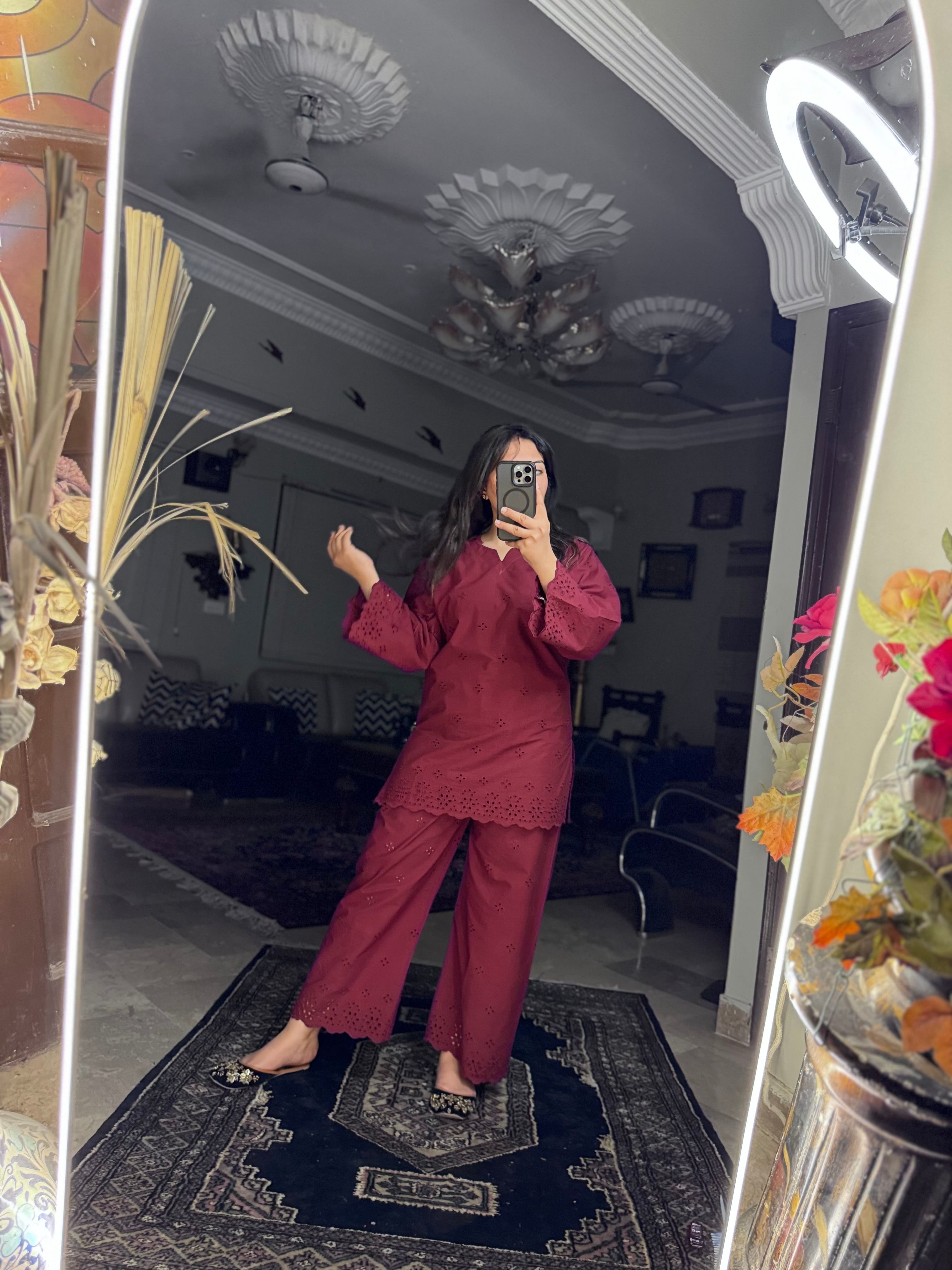 Dark maroon schiffli coord