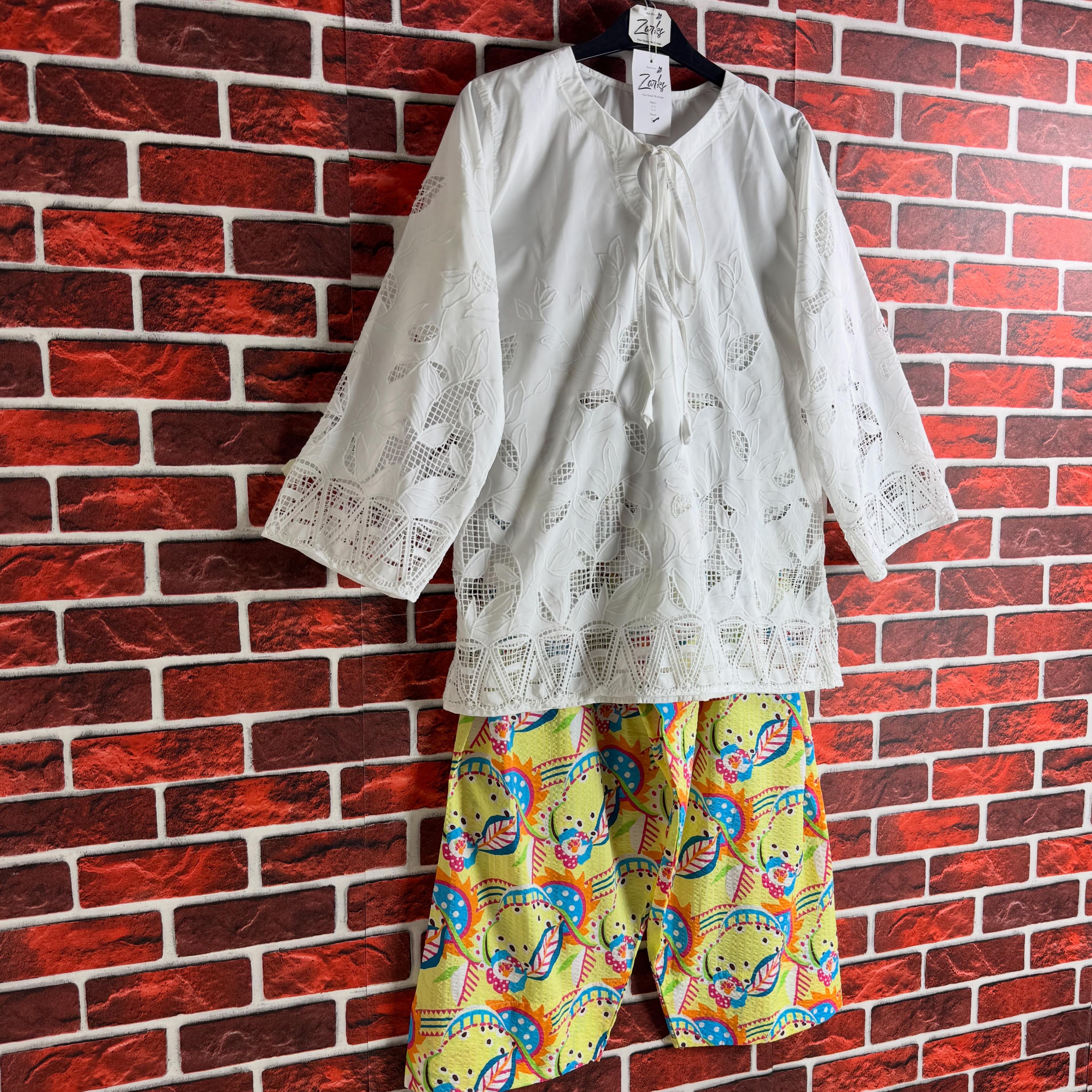 White cutwork tulip Coord set