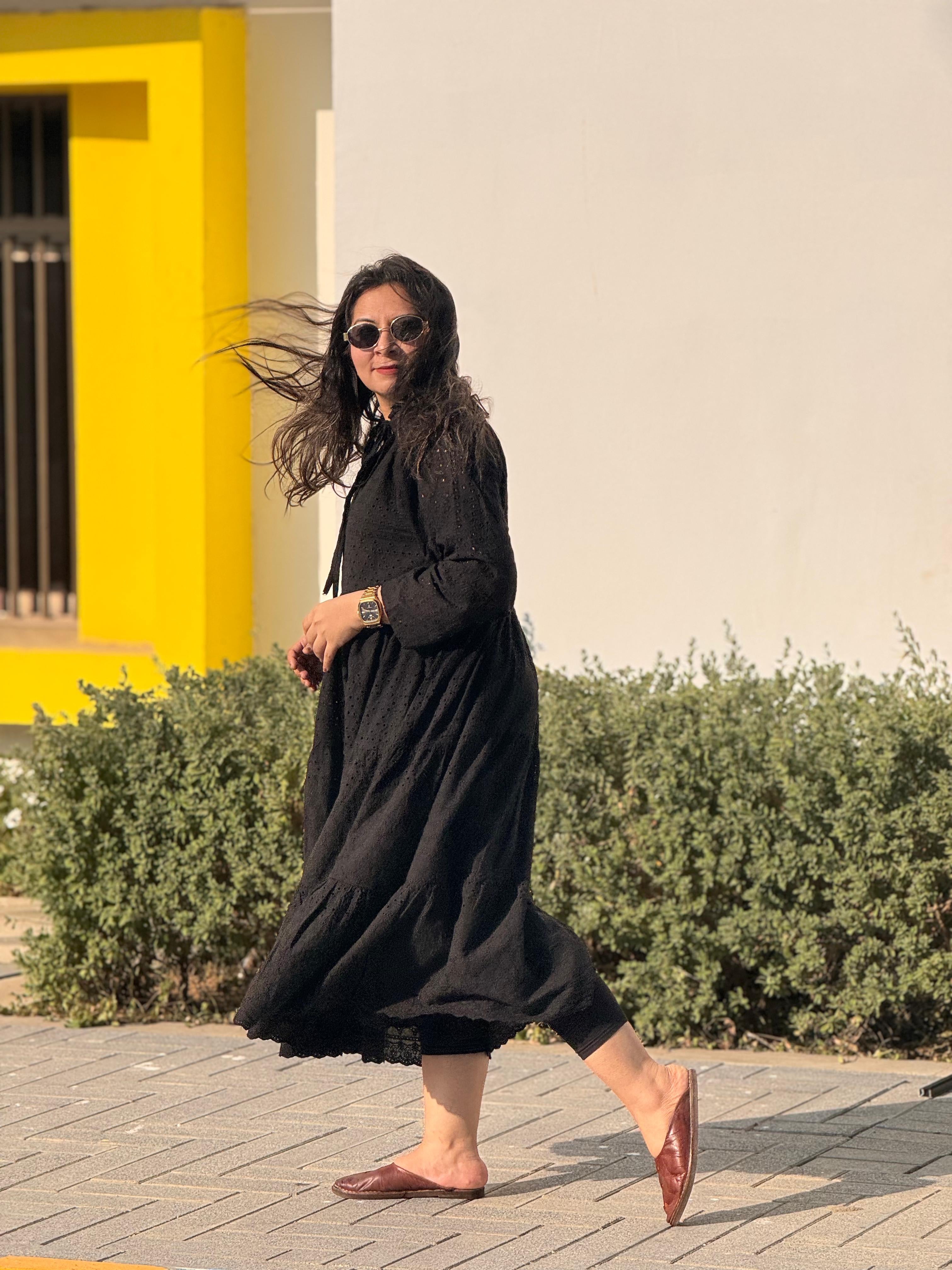 Black maxi cutwork chickankari dress