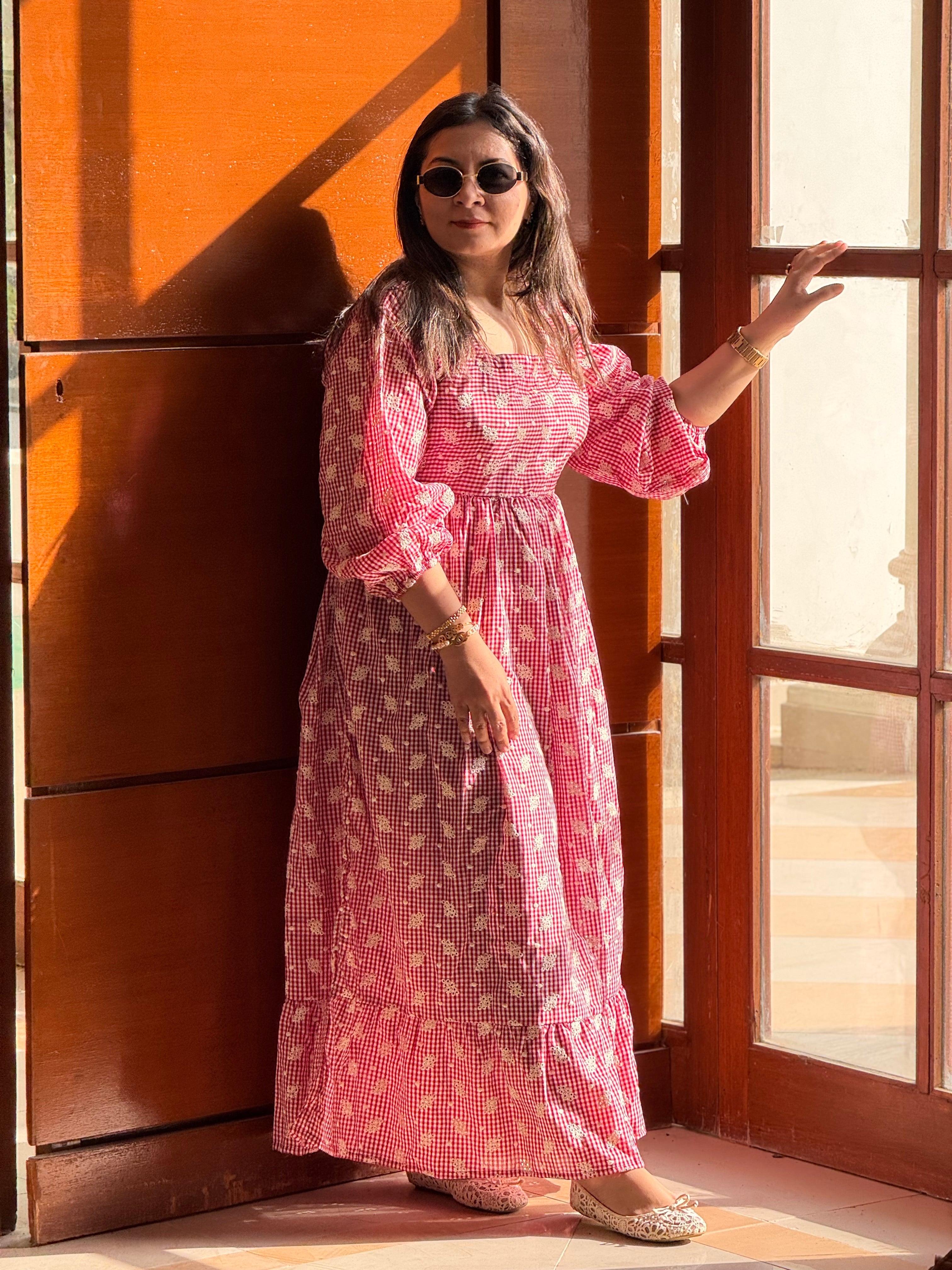 Red embroidered gingham dress