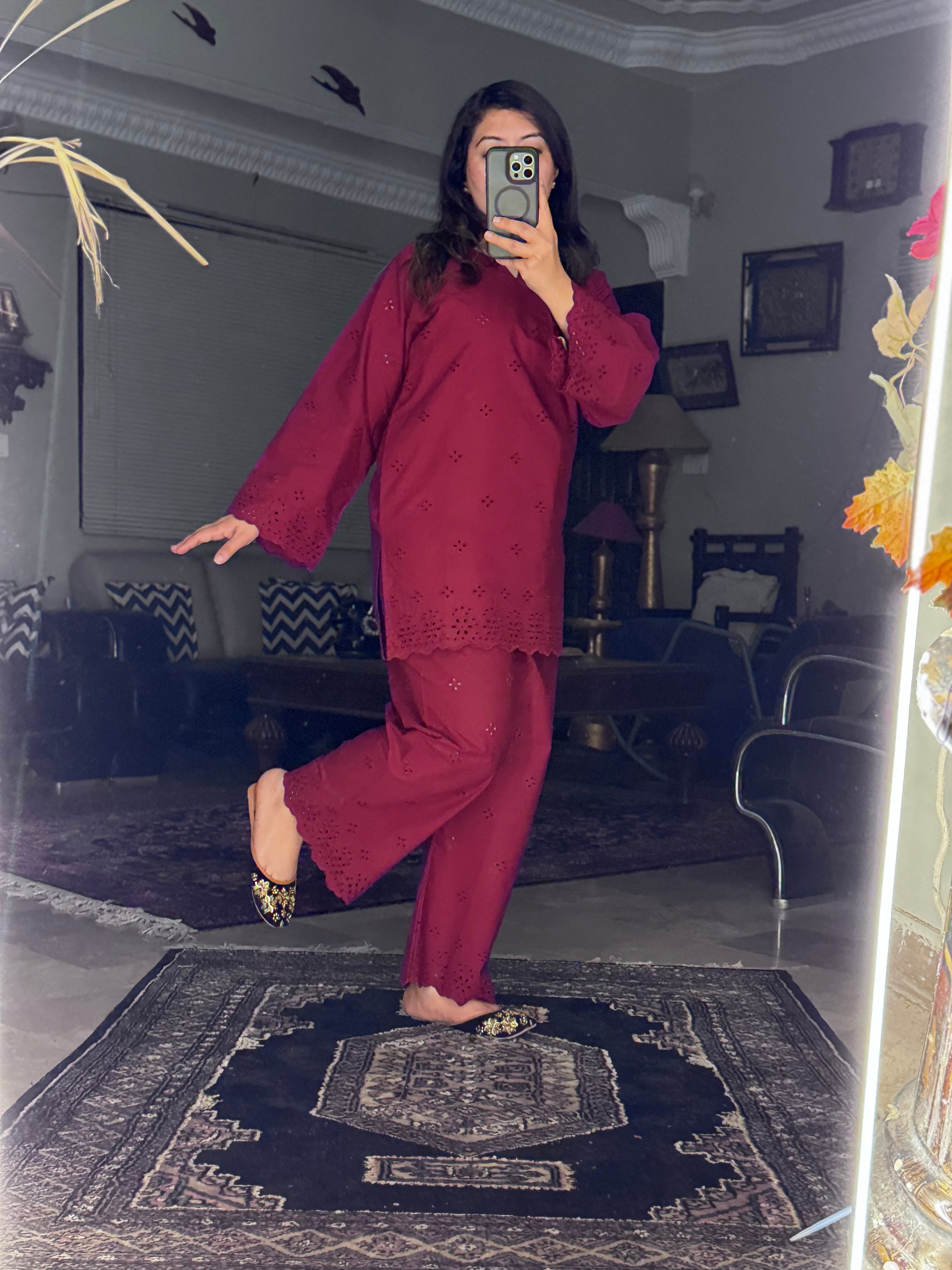 Dark maroon schiffli coord