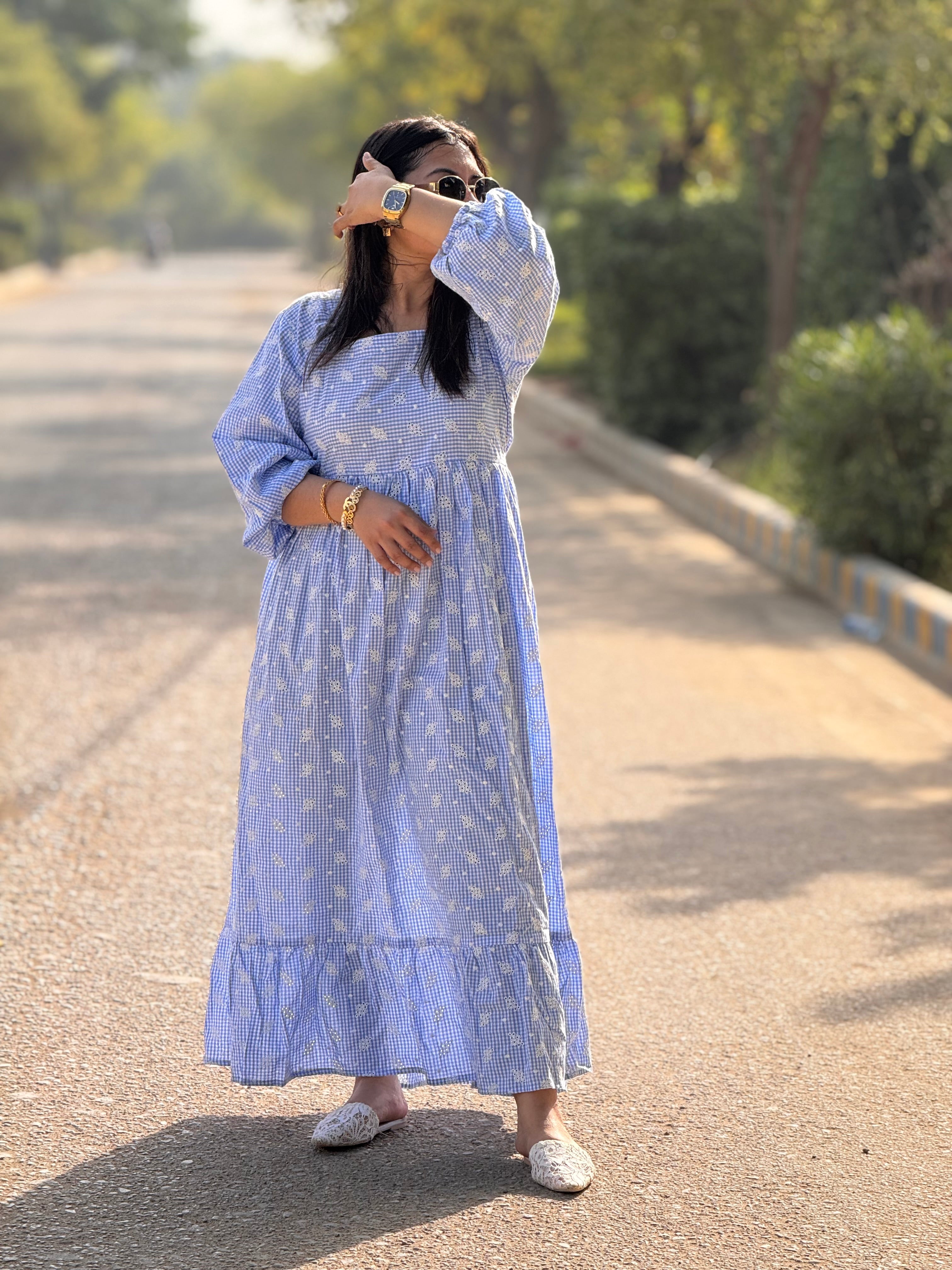 Sky embroidered gingham dress