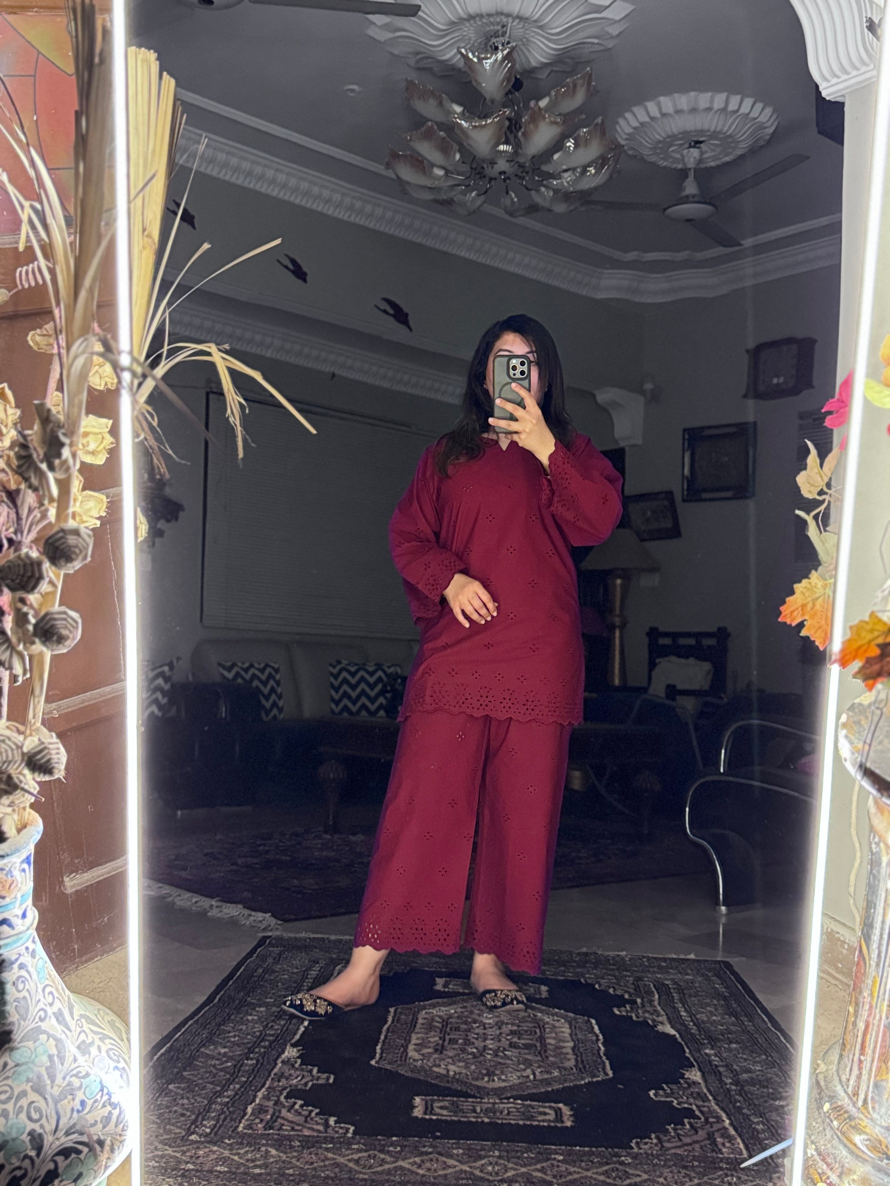 Dark maroon schiffli coord