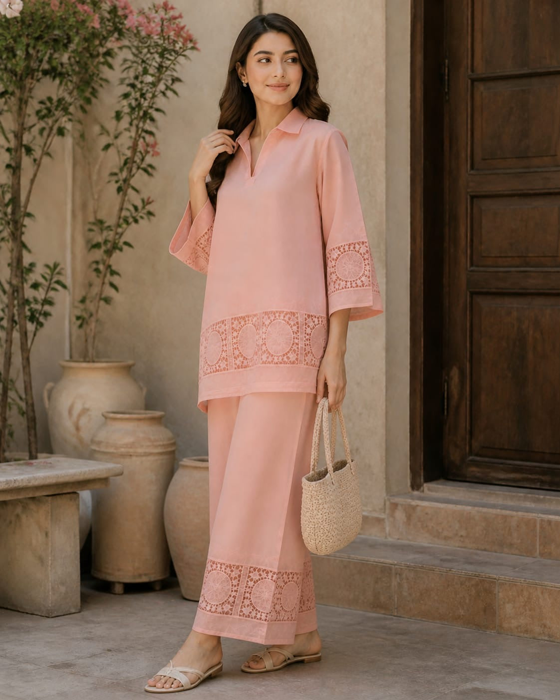Peach schiffli coord-II
