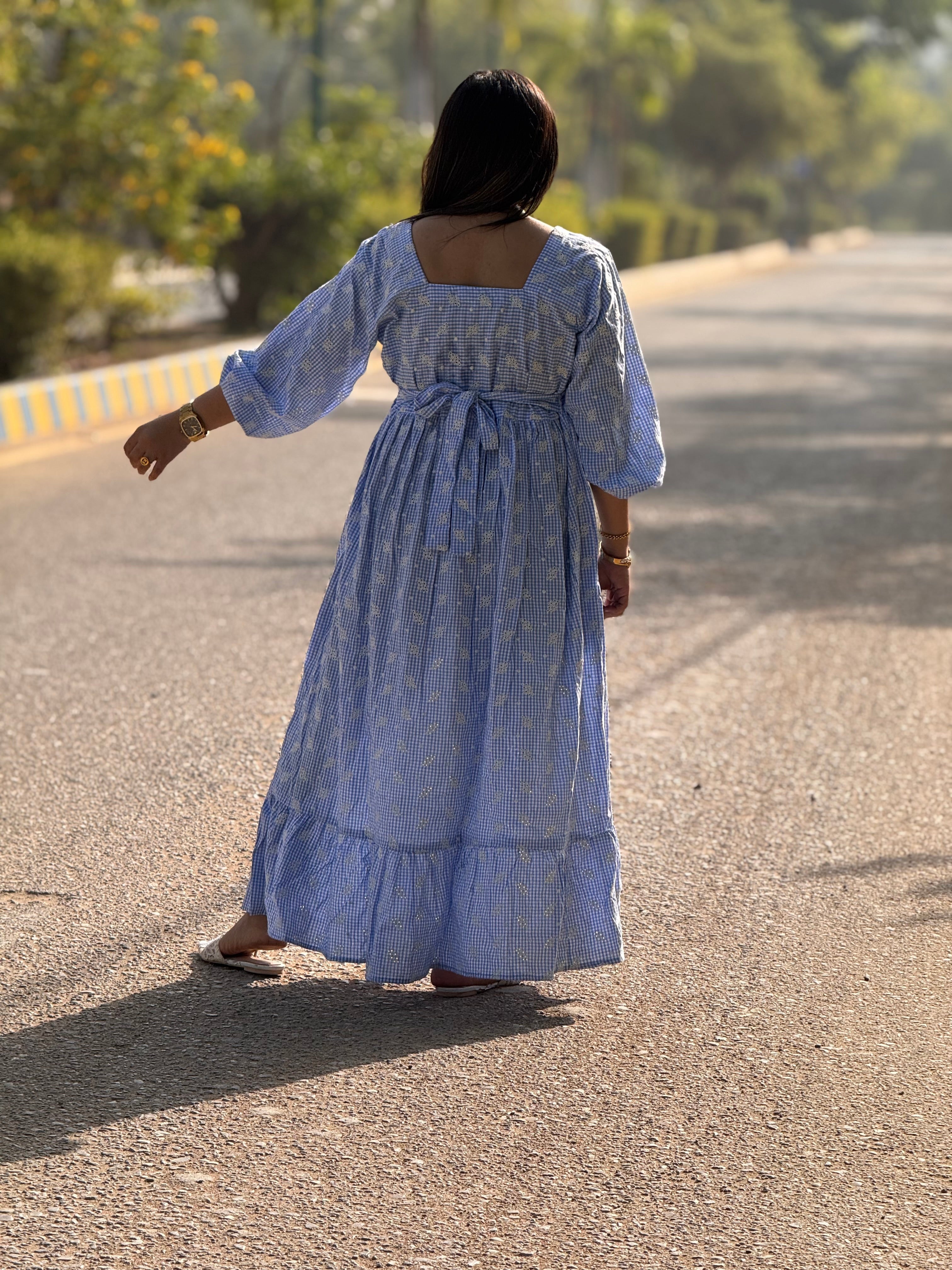 Sky embroidered gingham dress