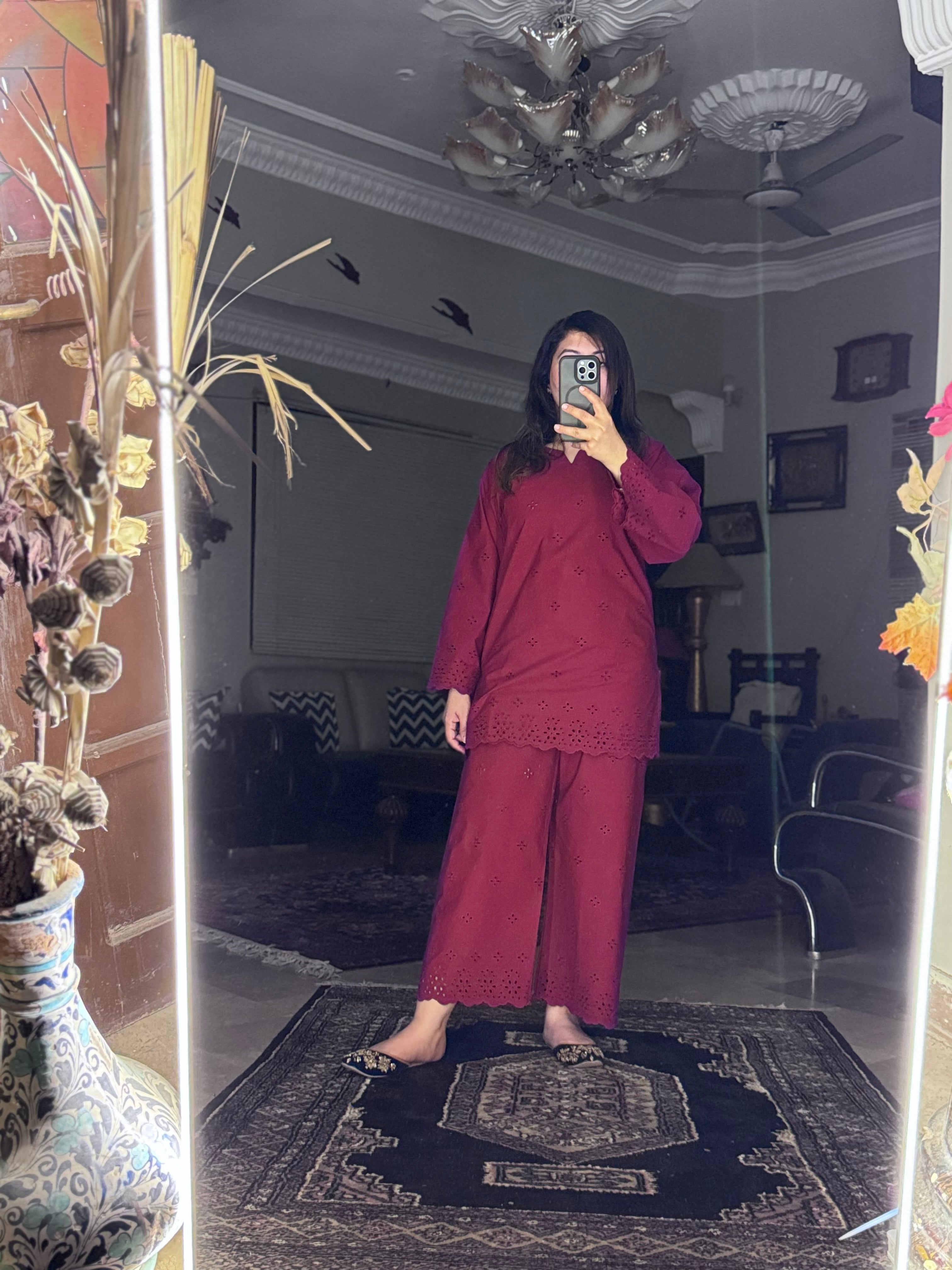 Dark maroon schiffli coord
