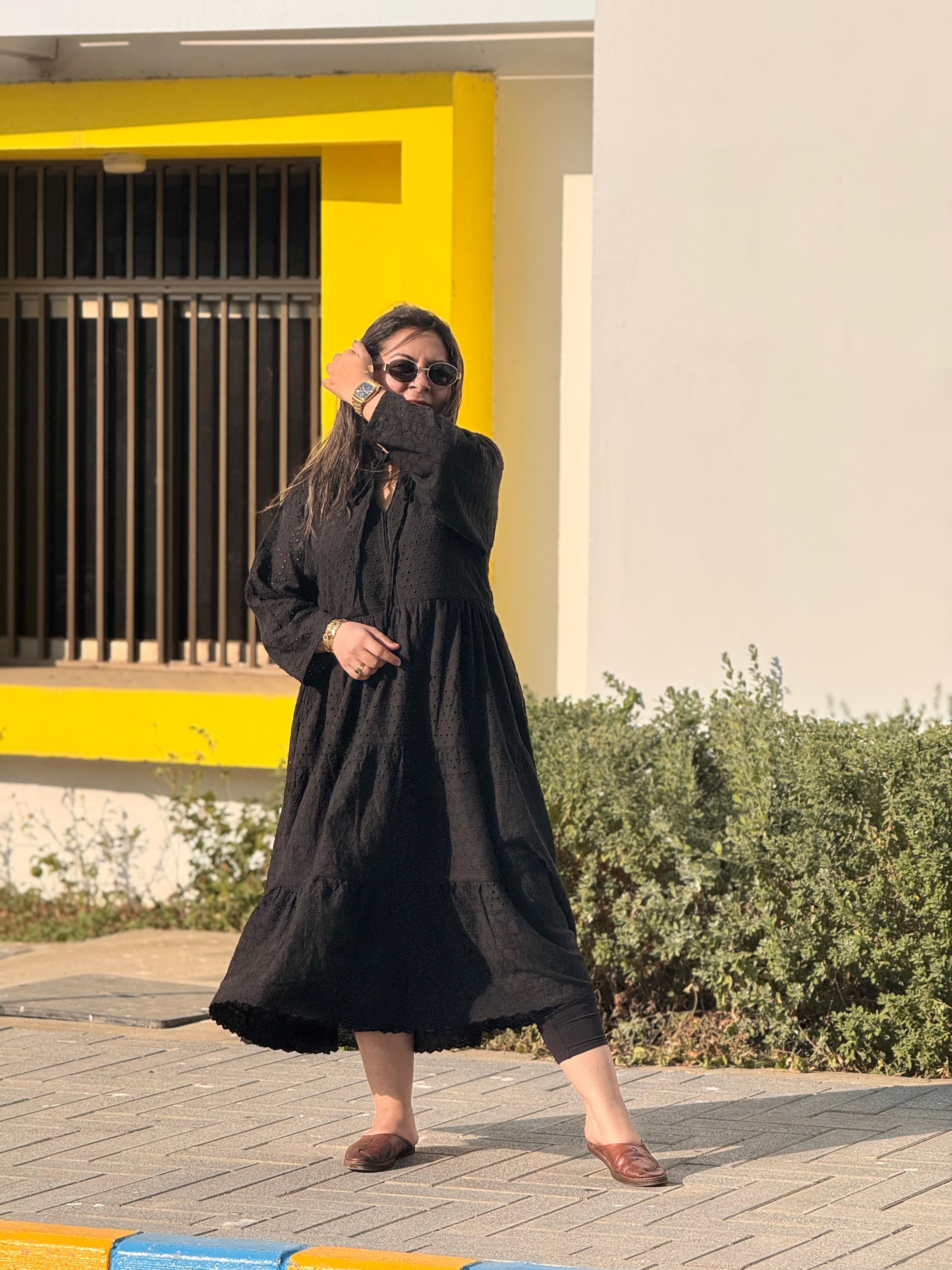 Black maxi cutwork chickankari dress