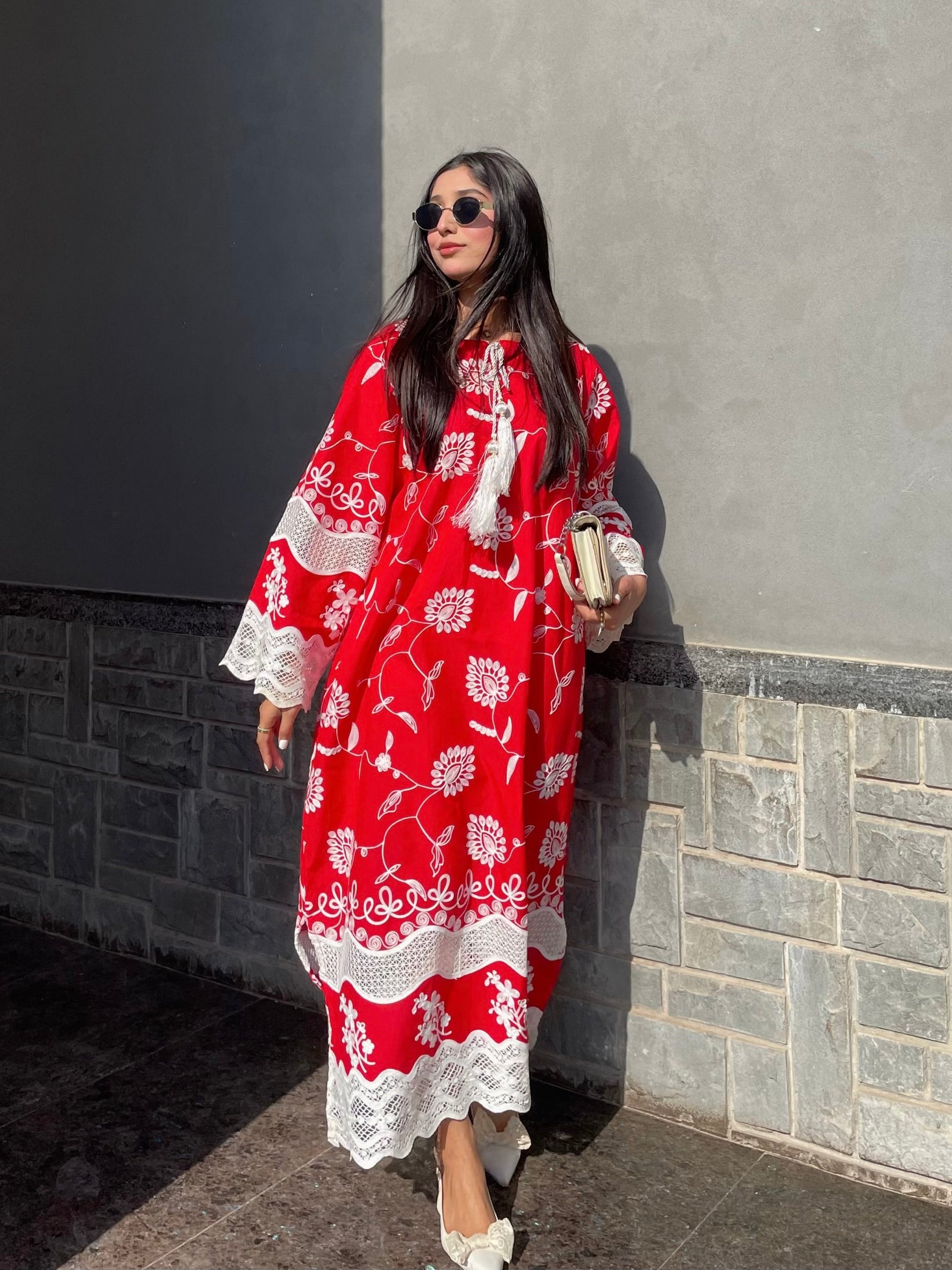 Red embroidered kaftan