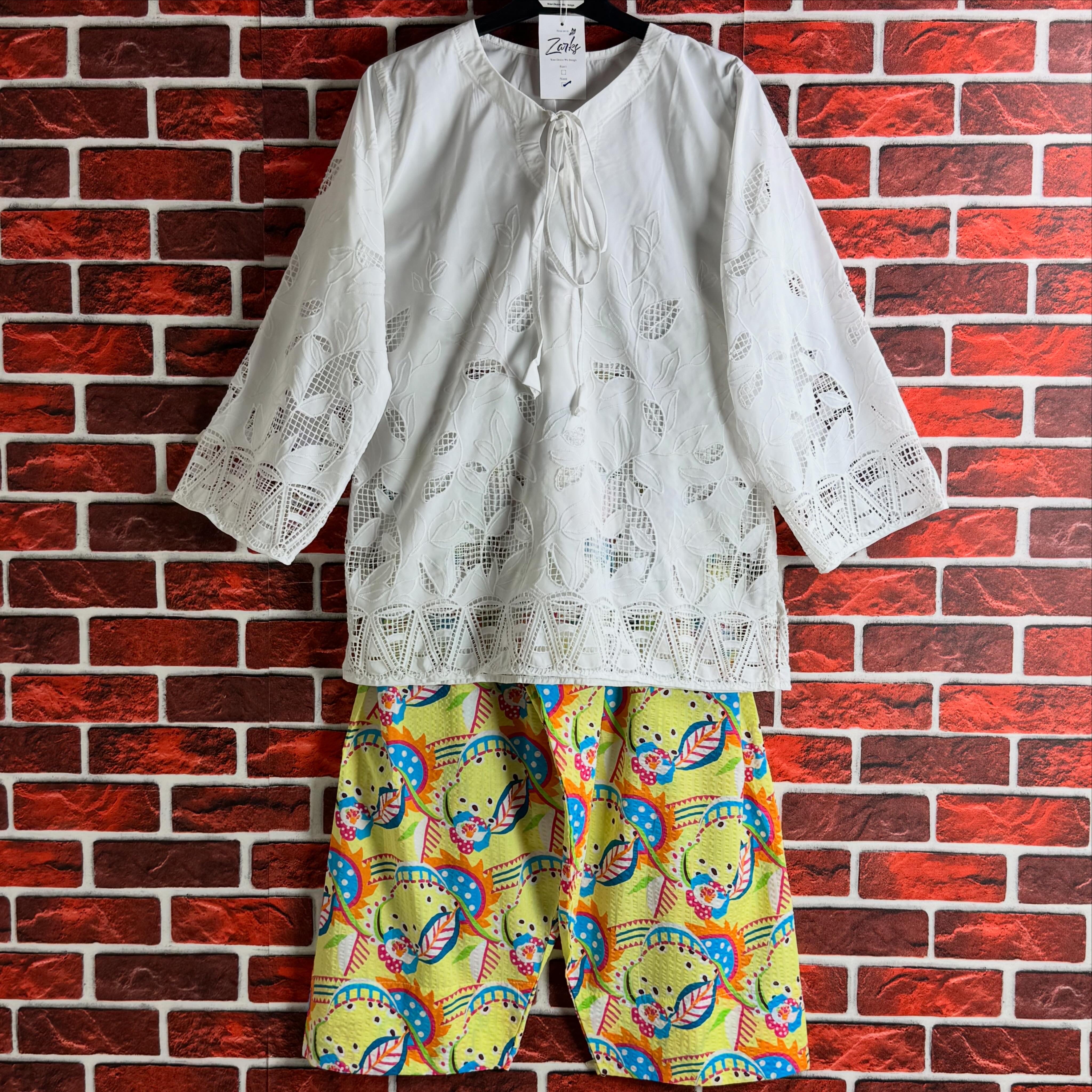 White cutwork tulip Coord set