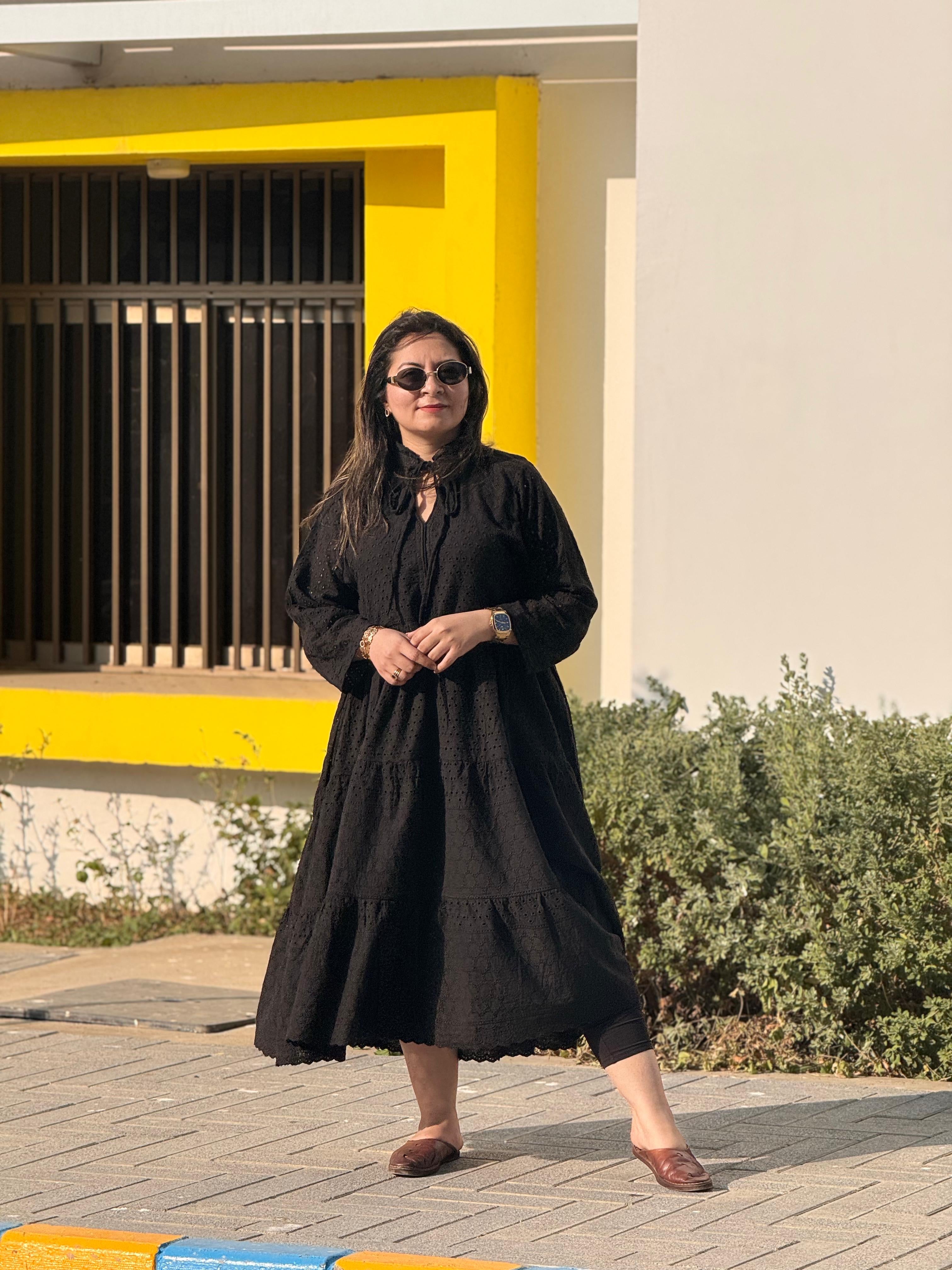 Black maxi cutwork chickankari dress