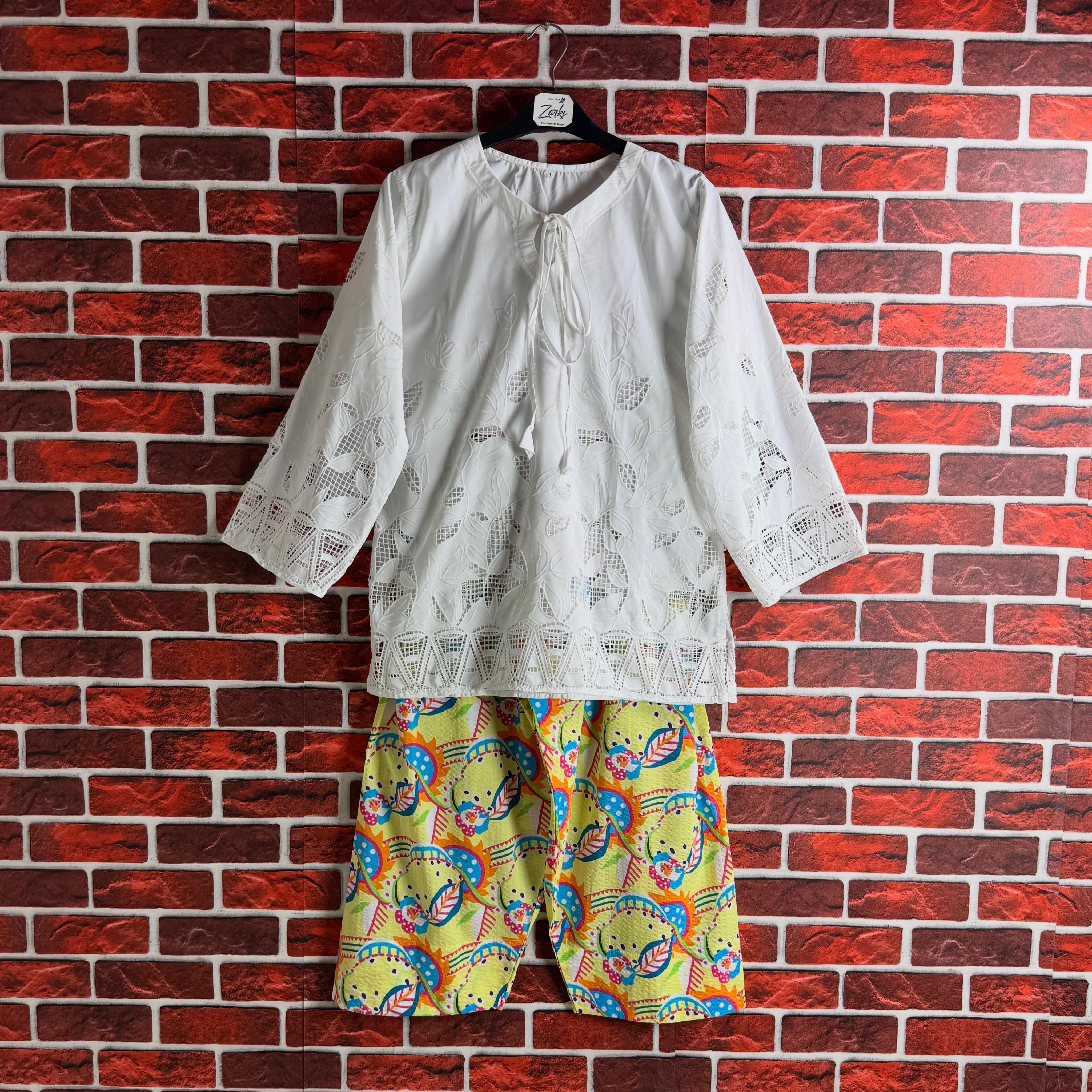 White cutwork tulip Coord set