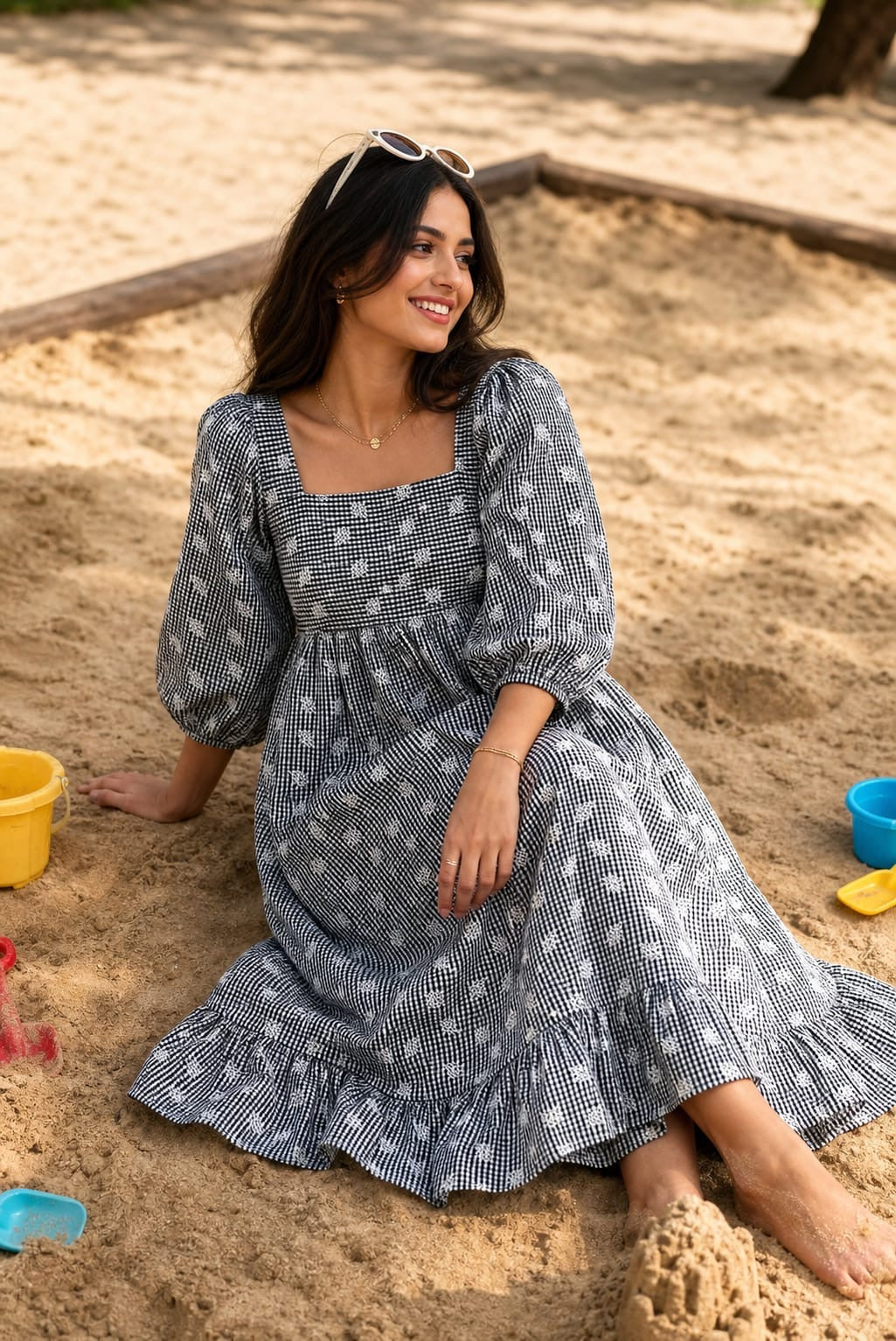 Black embroidered gingham dress