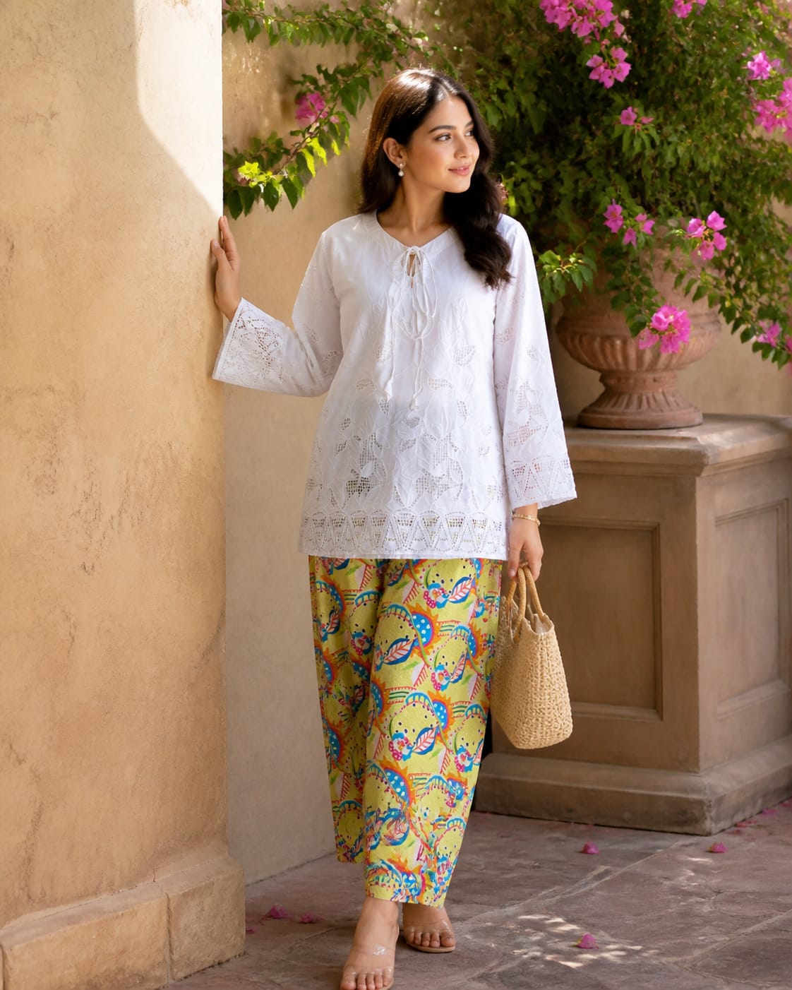 White cutwork tulip Coord set