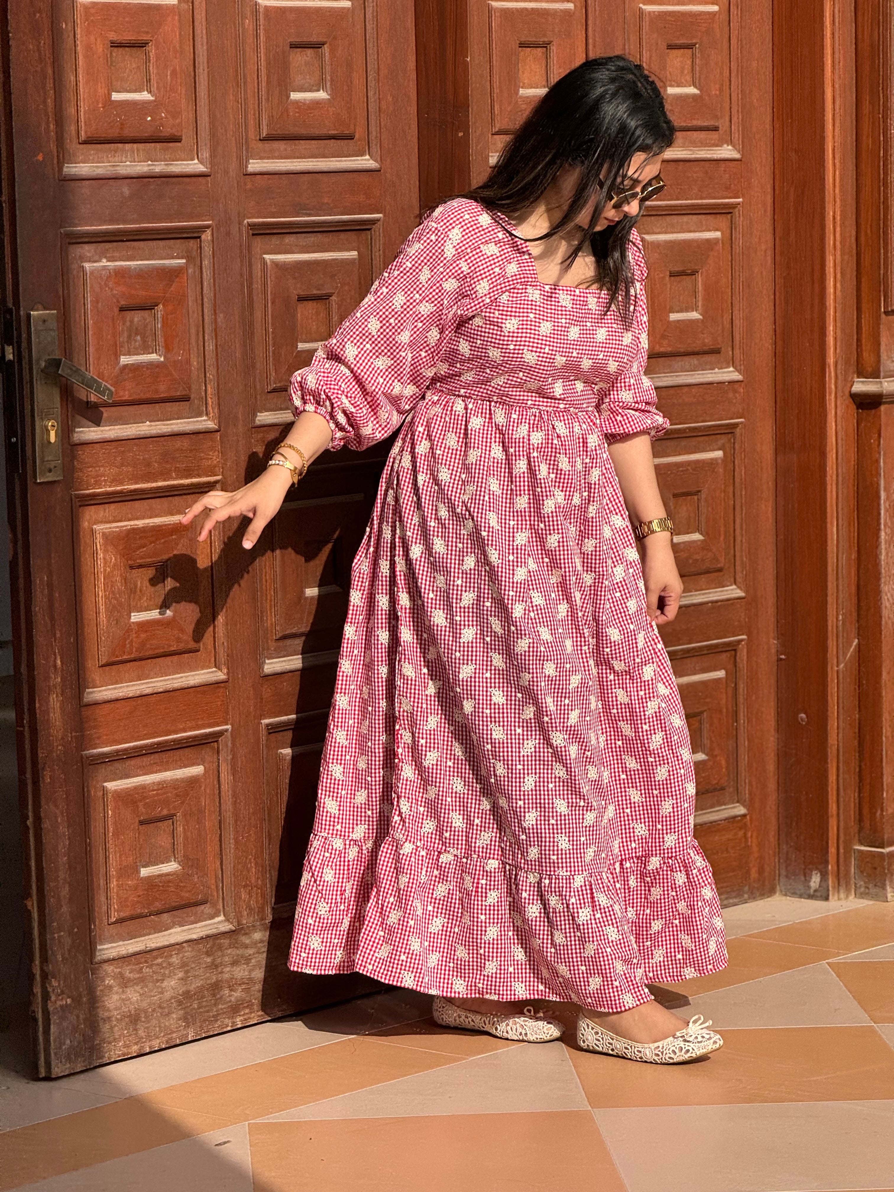 Red embroidered gingham dress