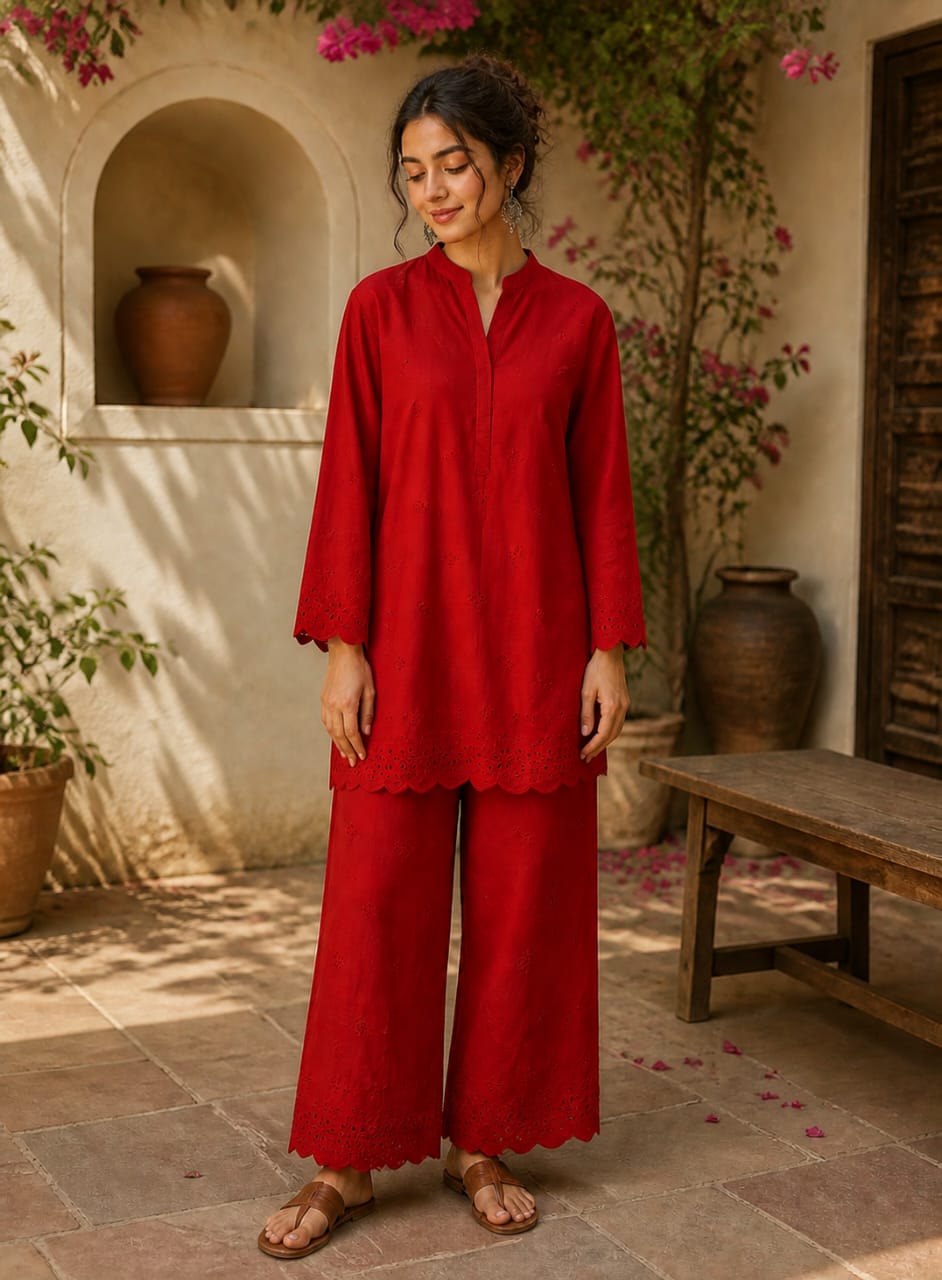 Red schiffli coord