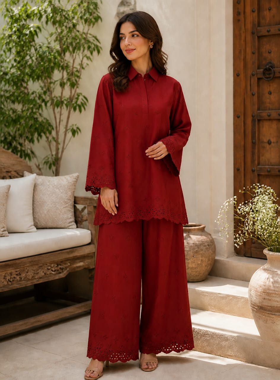 Maroon schiffli coord