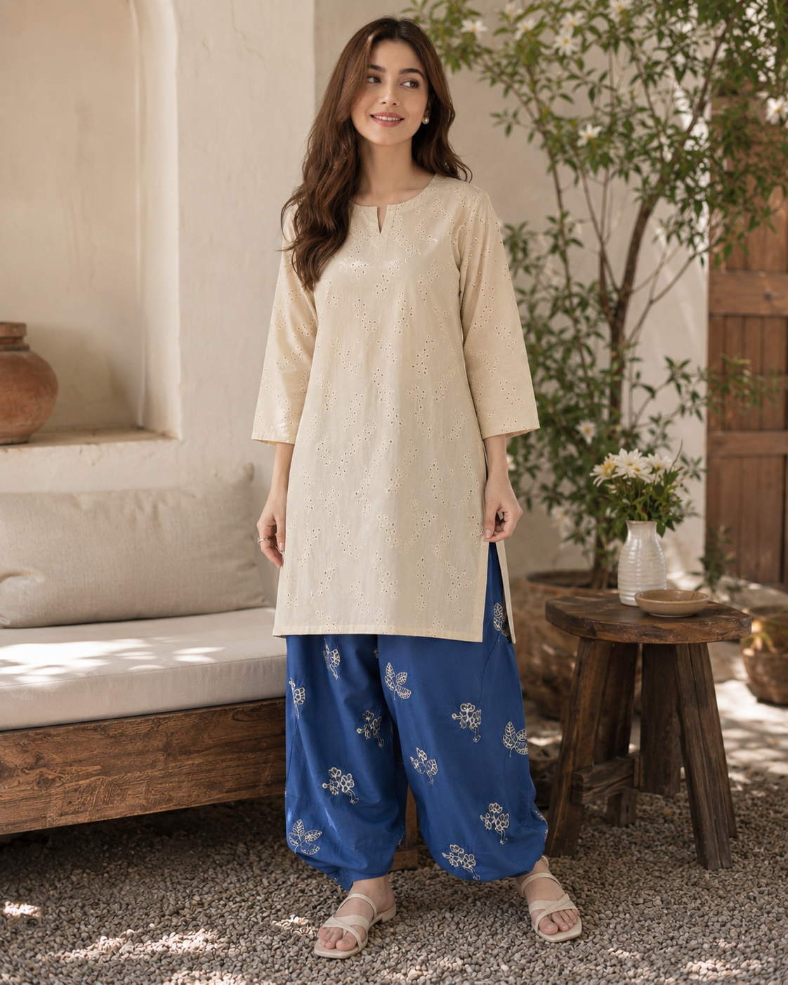 Cream chickankari fit