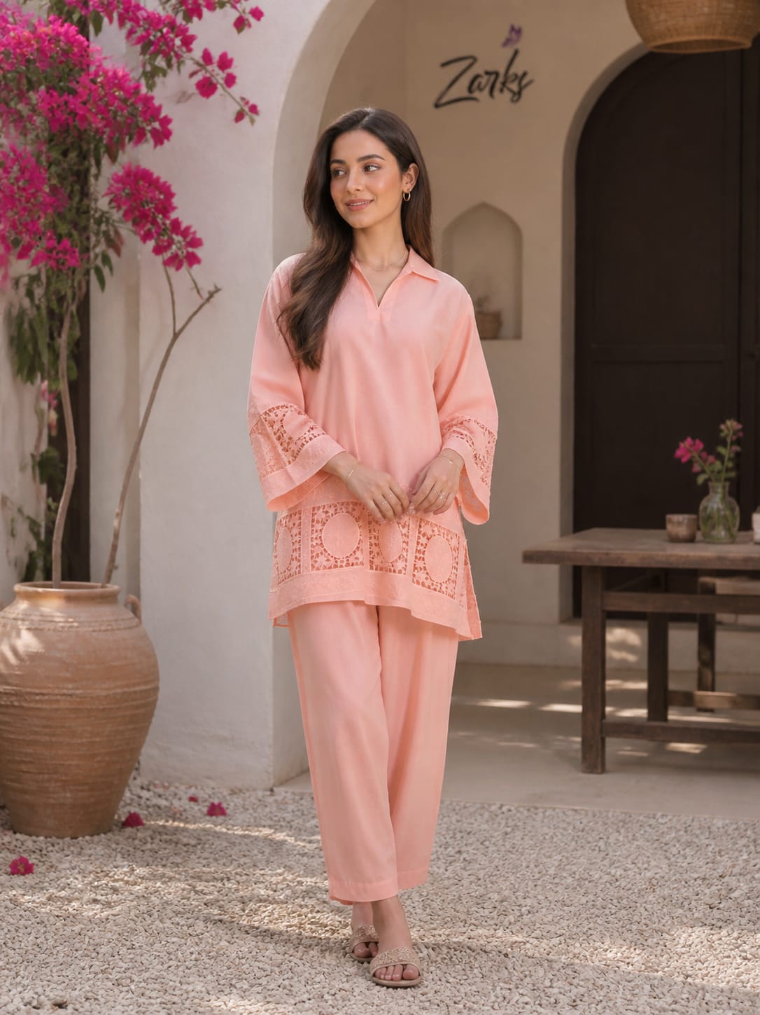 Peach schiffli coord