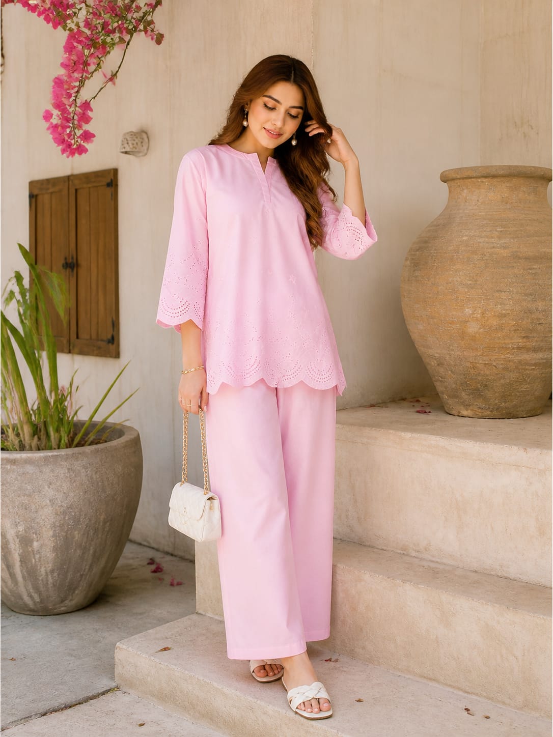 Powder pink schiffli coord
