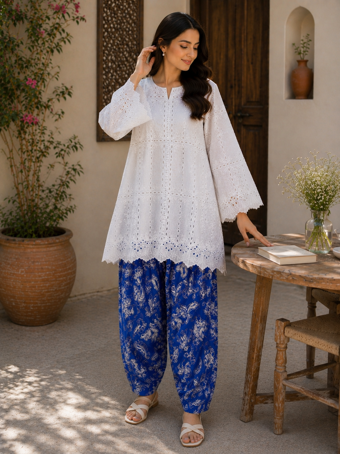 White shell chikankari set