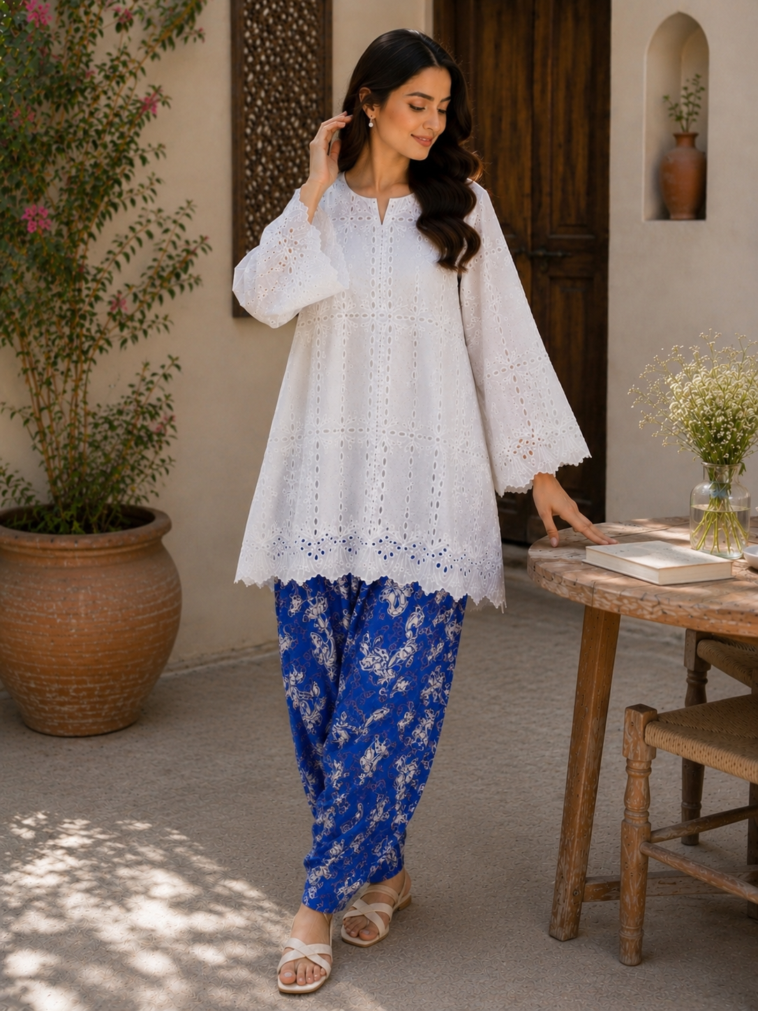 White shell chikankari set