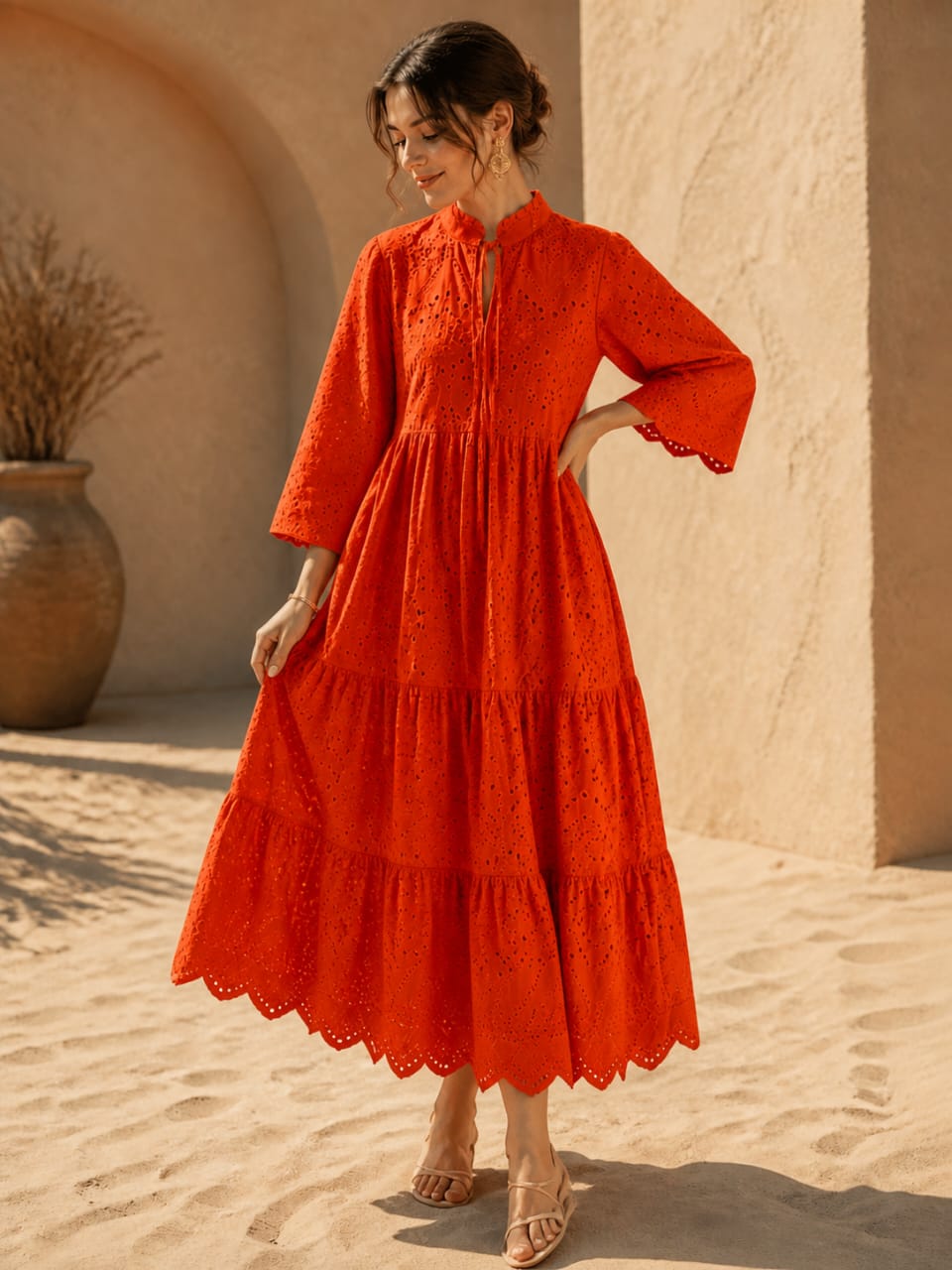 Orange chickankari maxi dress