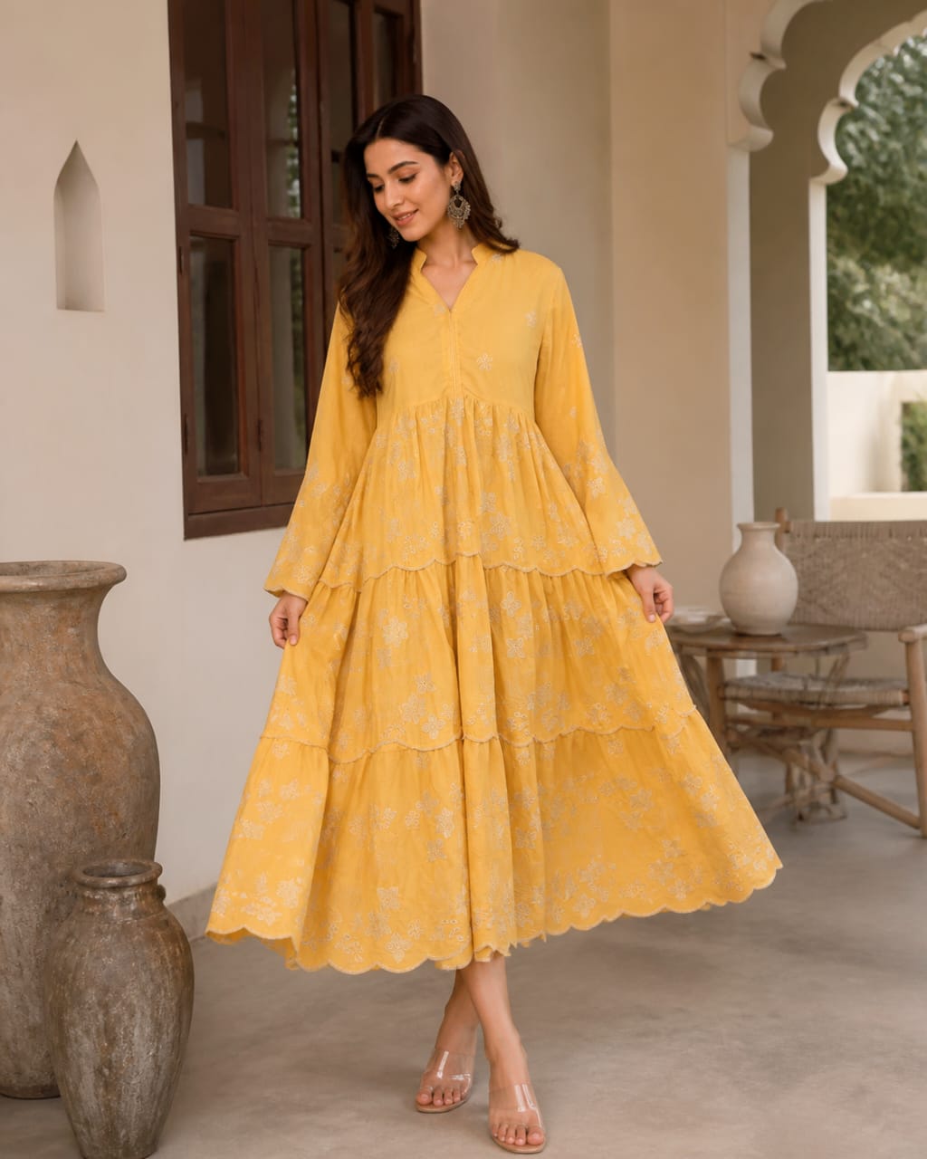Salmon chickankari dress