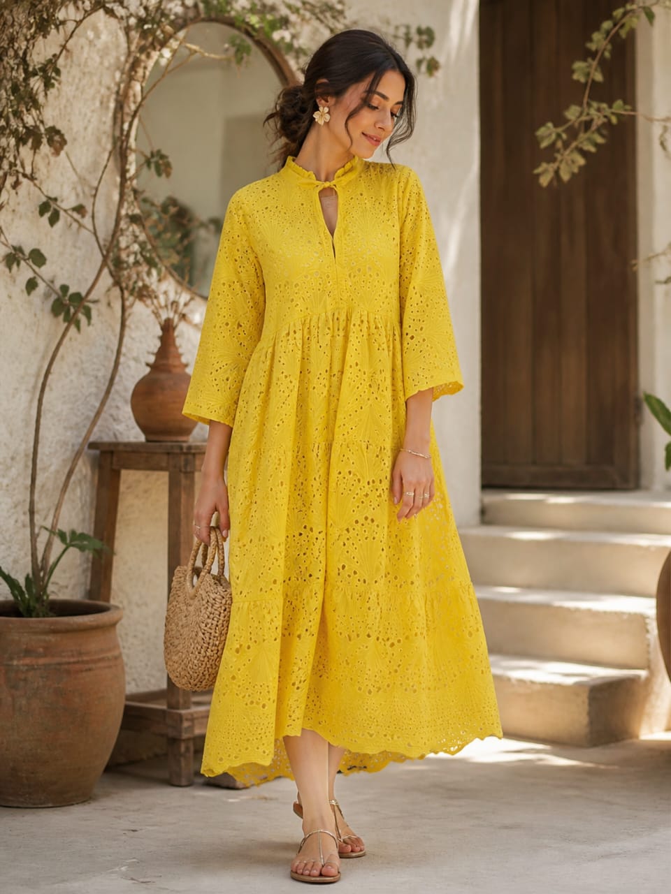 Yellow chickankari dress