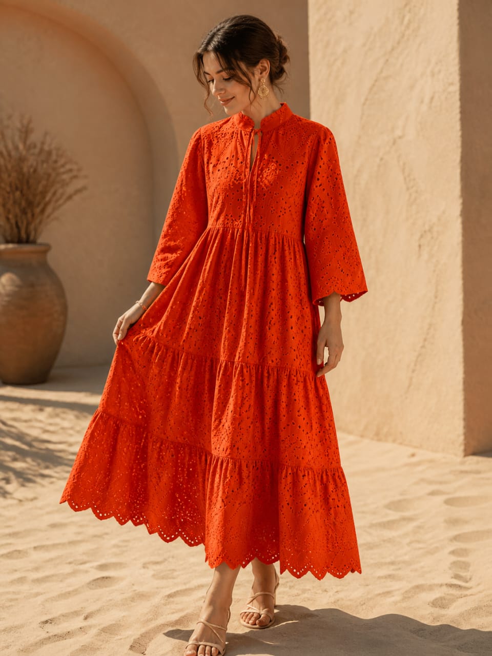 Orange chickankari maxi dress
