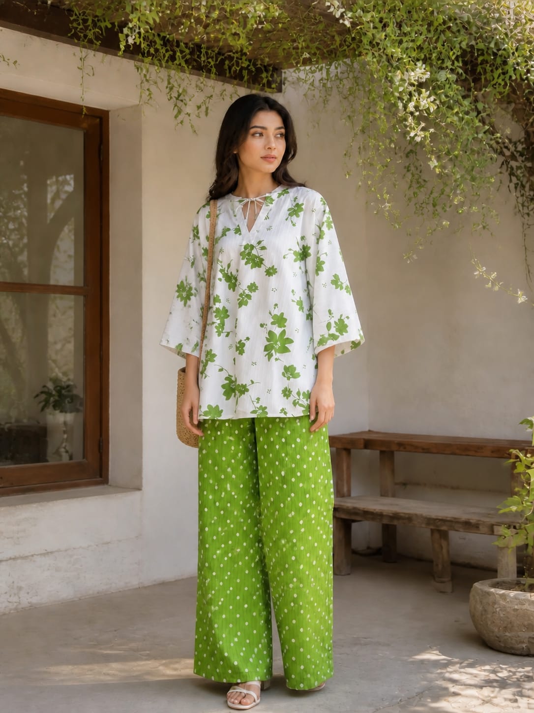 Green floral polka texture coord
