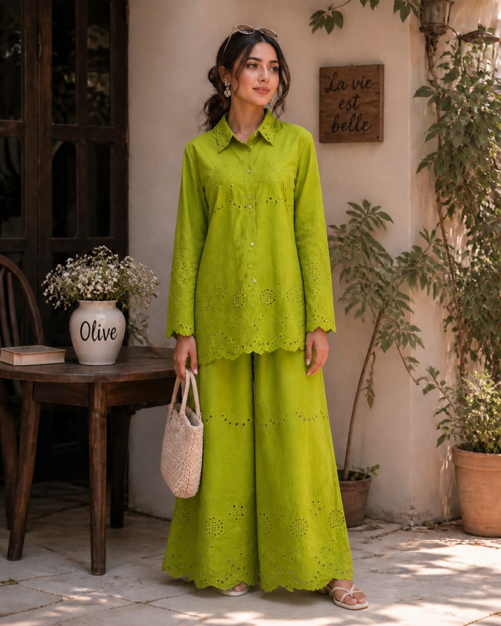 Apple green schiffli coord