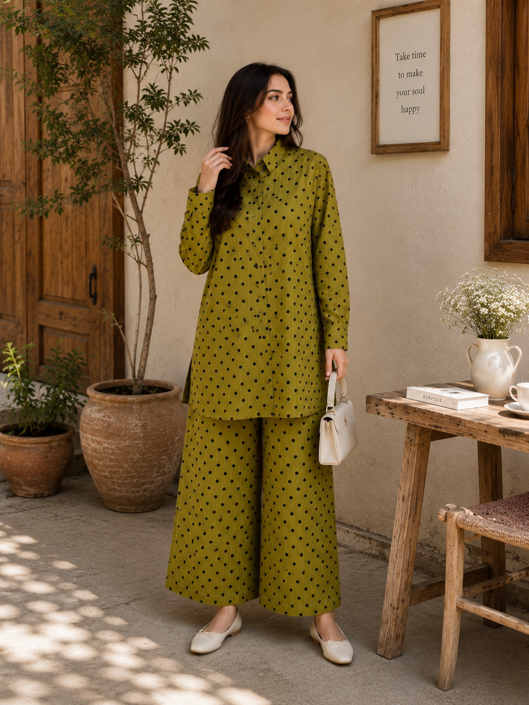 Olive polka texture fit