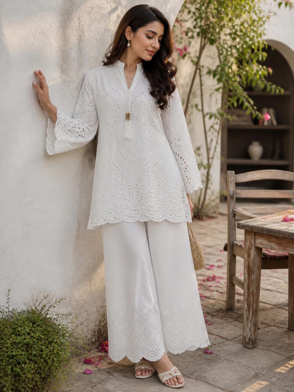 White chickenkari cutwork set