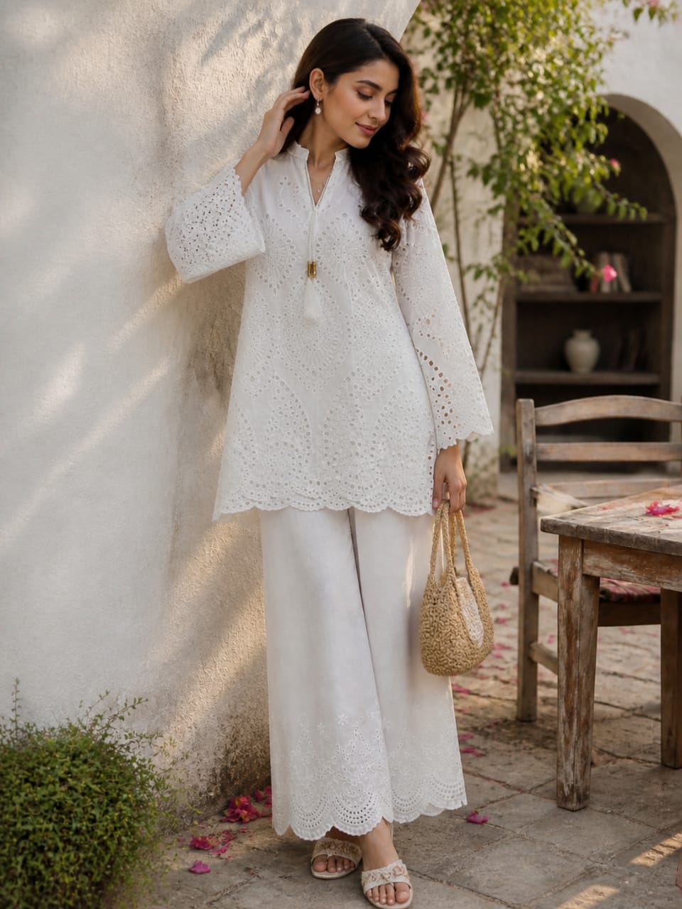White chickenkari cutwork set