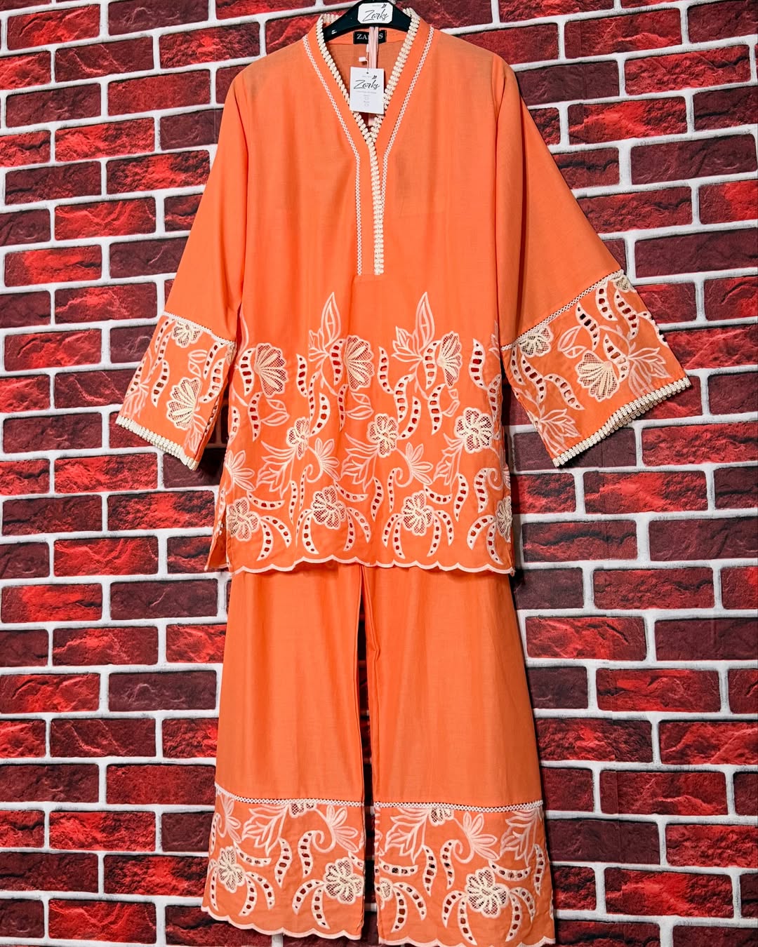 Peach chickankari set