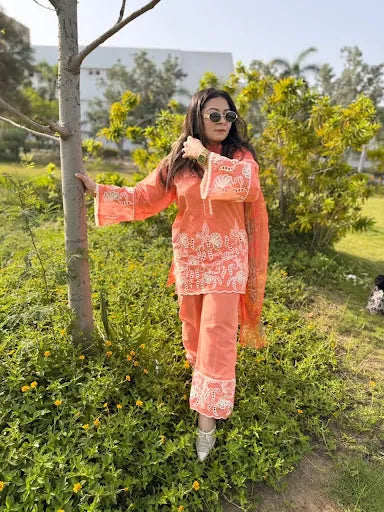 Peach embroidered  set