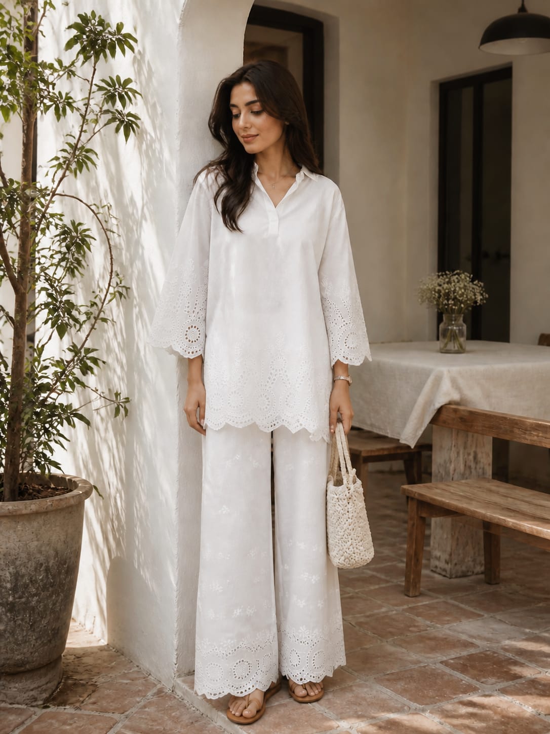 White chikankari set