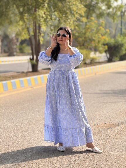 Sky embroidered gingham dress