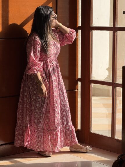 Red embroidered gingham dress